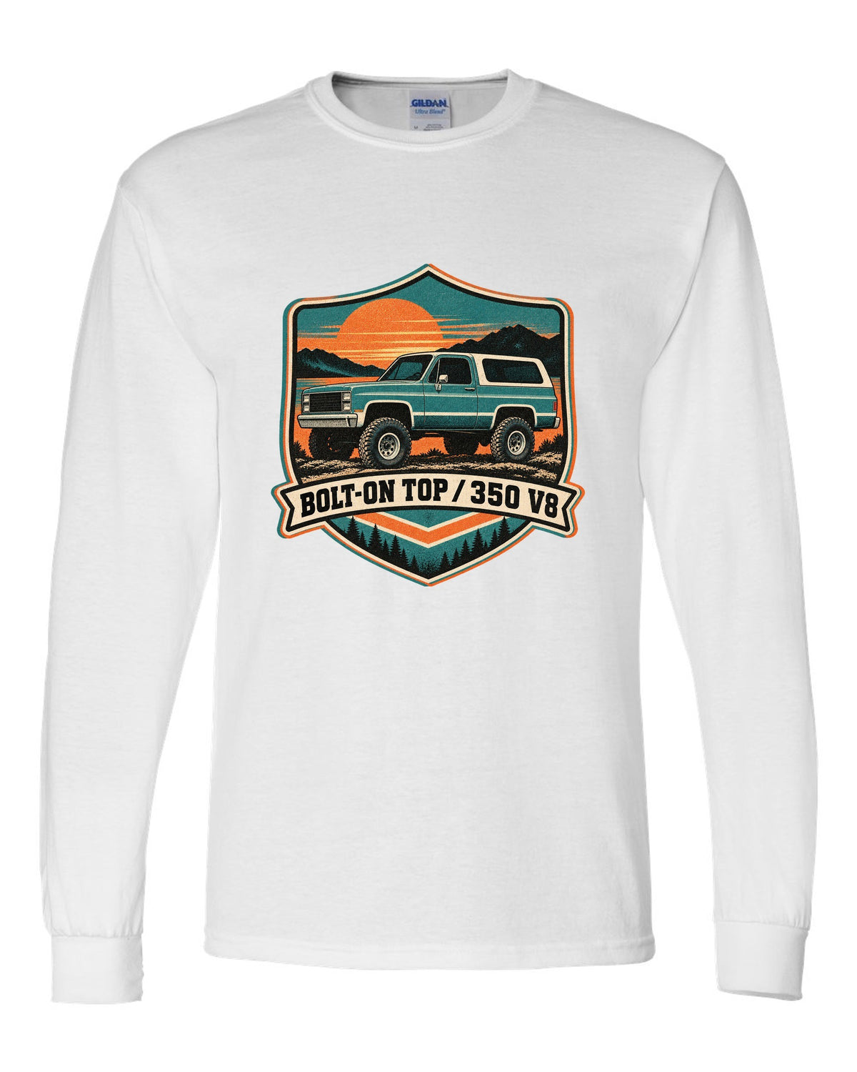 Risograph-style sunset print of a 1973-91 Chevrolet K5 Blazer with BOLT-ON TOP and 350 V8 text white long sleeve front view with the design