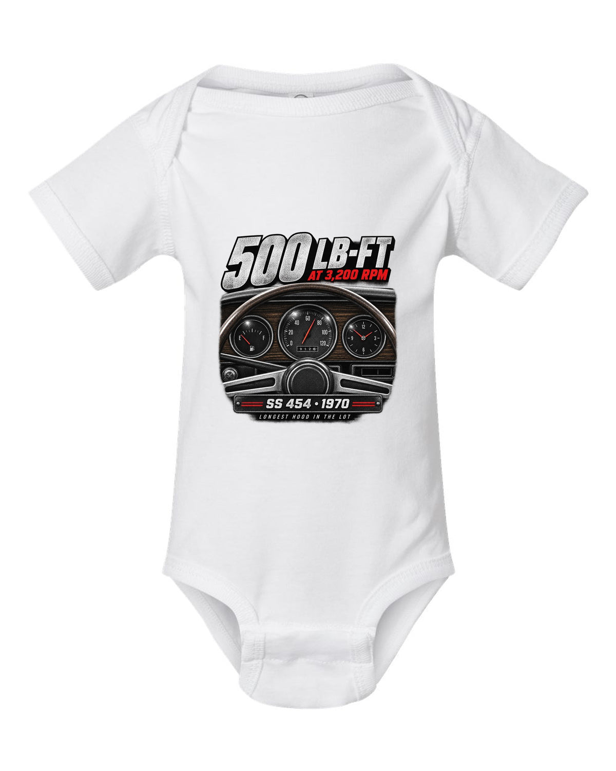 1970 Monte Carlo SS 454 gauge cockpit print with 500 lb-ft torque text white baby onesie front view with the design