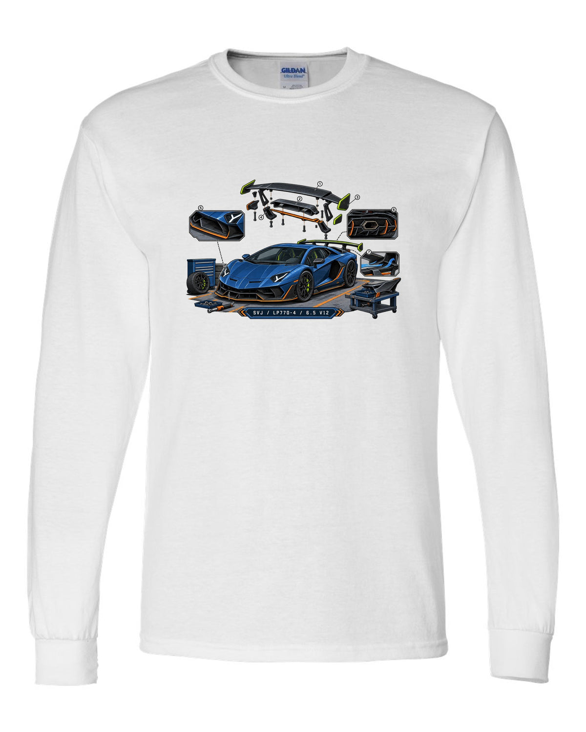 Isometric exploded-view engineering drawing of a Lamborghini Aventador SVJ LP770-4 with V12 text white long sleeve front view with the design