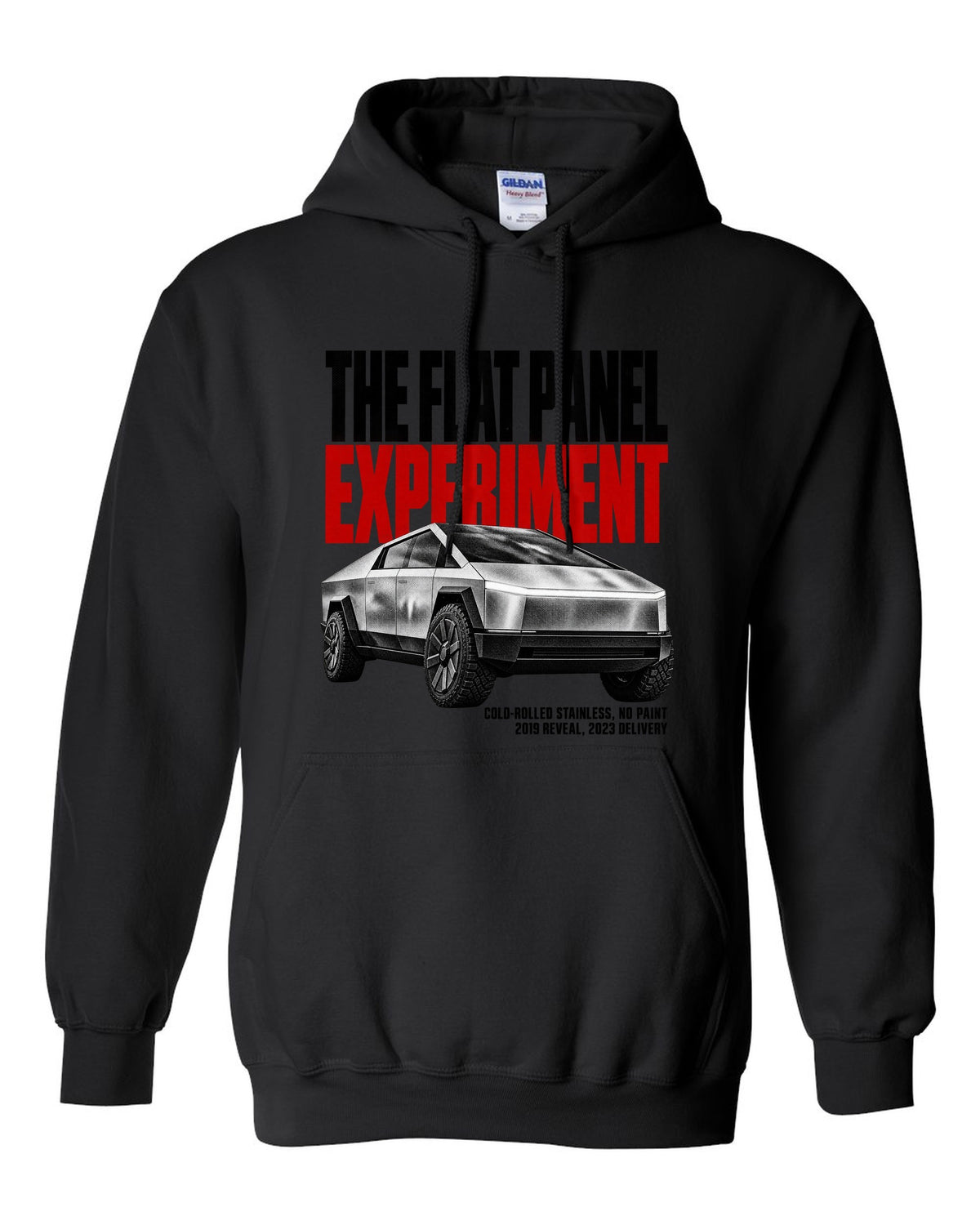 Halftone print of a 2023-24 Tesla Cybertruck with cold-rolled stainless text black pull over hoodie front view with the design
