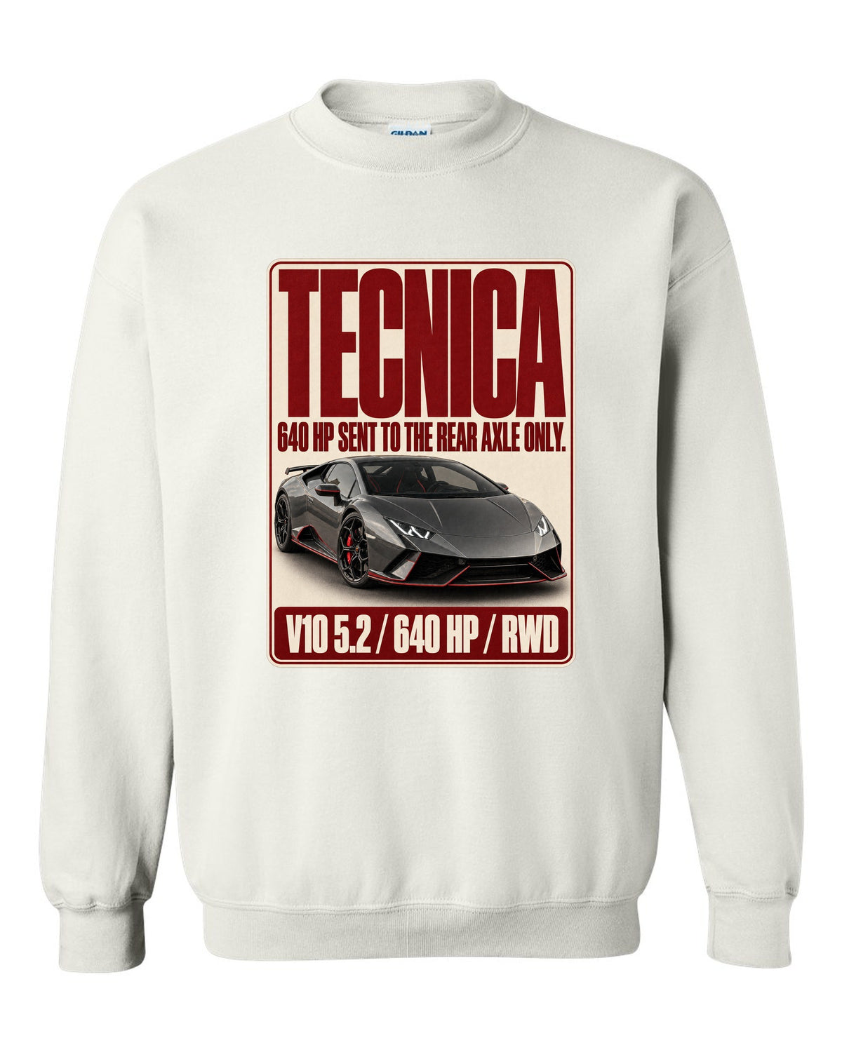 Editorial headline print of the Lamborghini Huracan Tecnica white crewneck front view with the design
