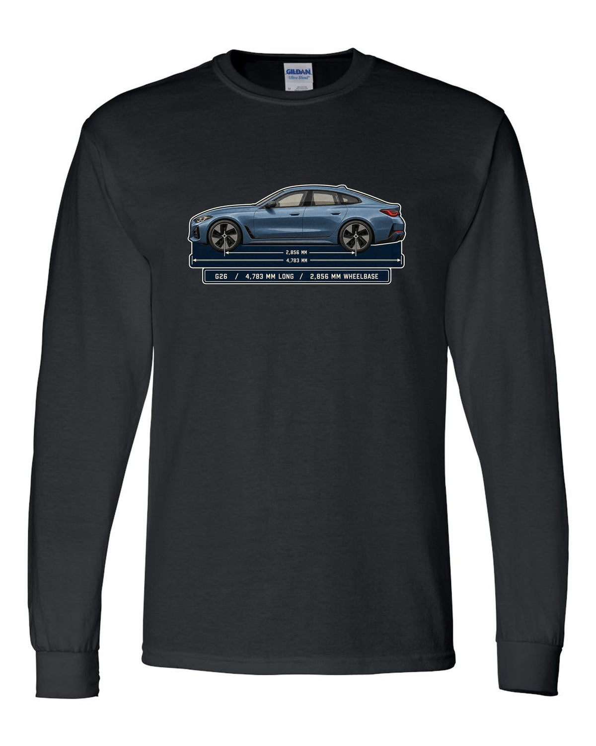 Dimension blueprint print of the BMW i4 M50 G26 Gran Coupe black long sleeve front view with the design
