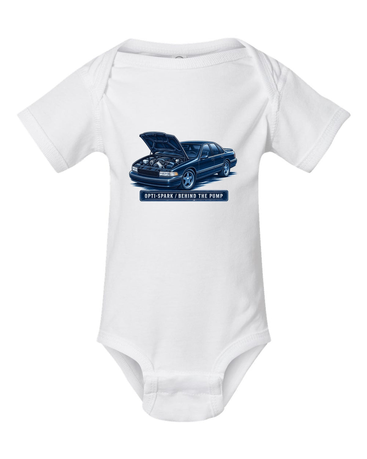 Cyanotype white-line illustration of a 1995 Chevrolet Impala SS with Opti-Spark lettering white baby onesie front view with the design