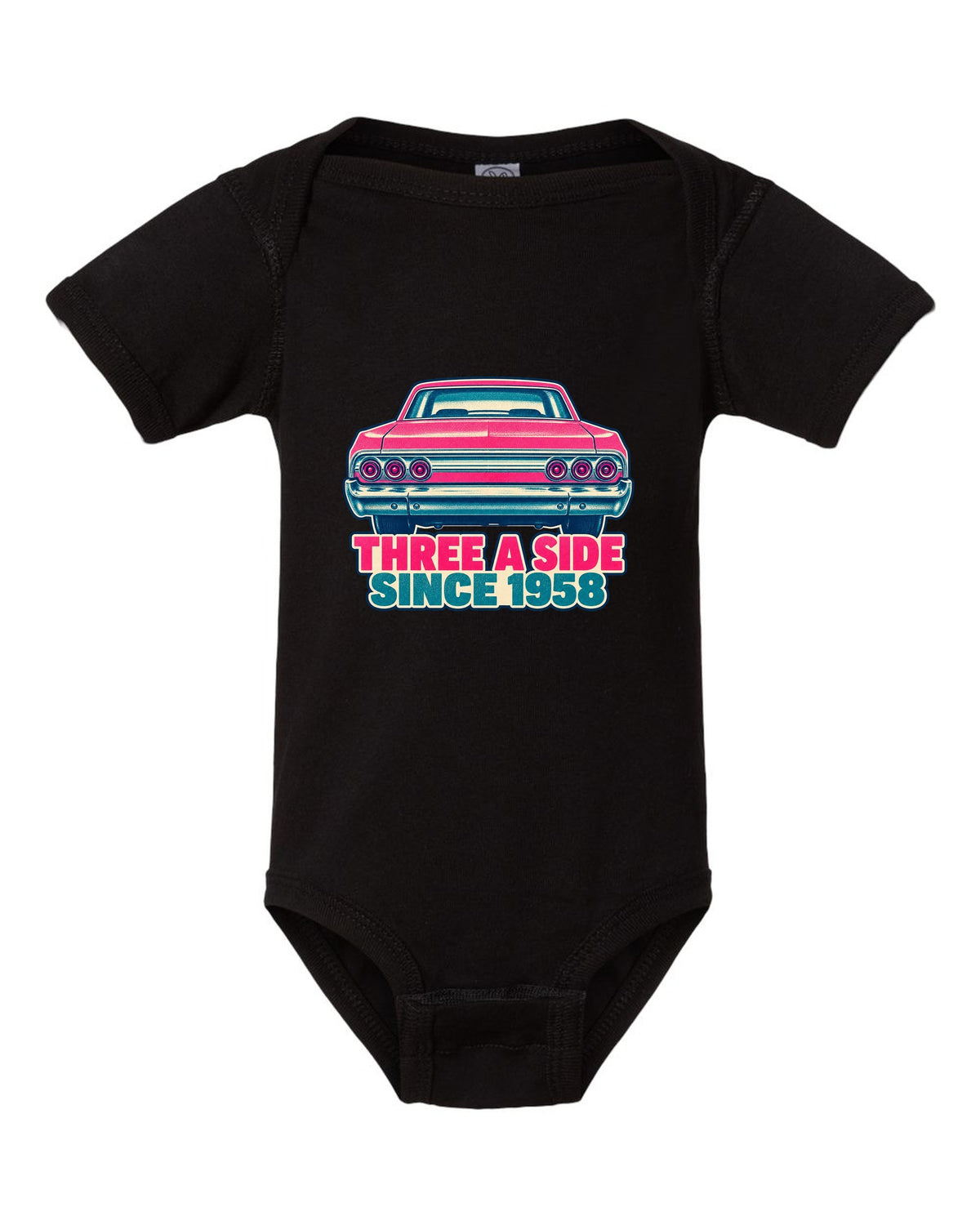 Two-colour risograph print of a 1964 Chevrolet Impala with its triple taillights black baby onesie front view with the design