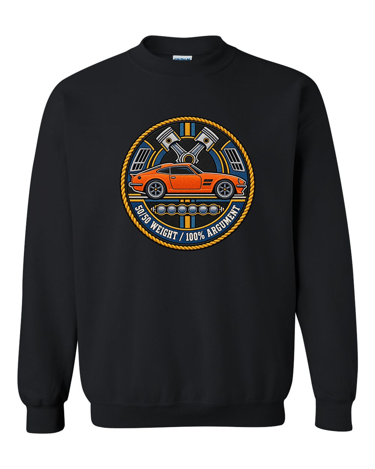 Varsity crest design for the Toyota GR Supra A90 with double-bubble roof black crewneck front view with the design