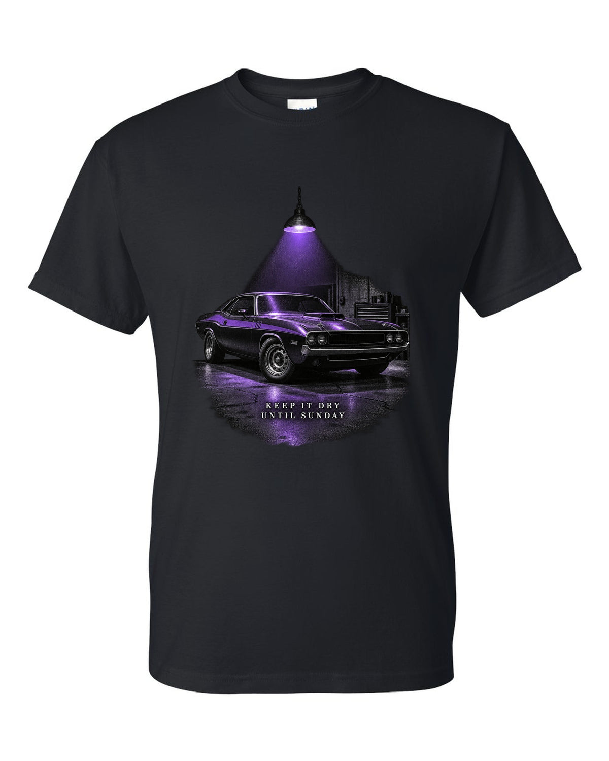 Garage night print of a Plum Crazy 1970 Dodge Challenger R/T with keep it dry until Sunday text black t-shirt front view with the design