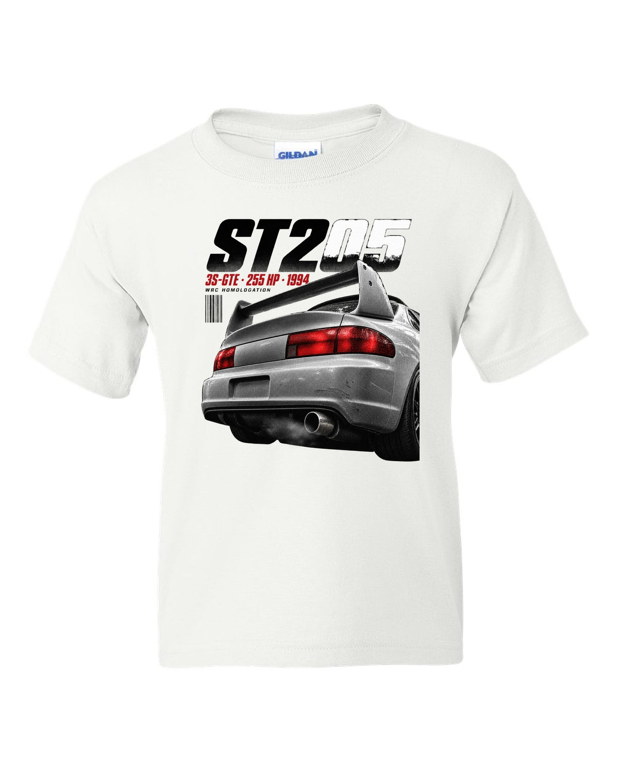 Macro detail of the Toyota Celica GT-Four ST205 rear wing with 3S-GTE text white kids tee front view with the design