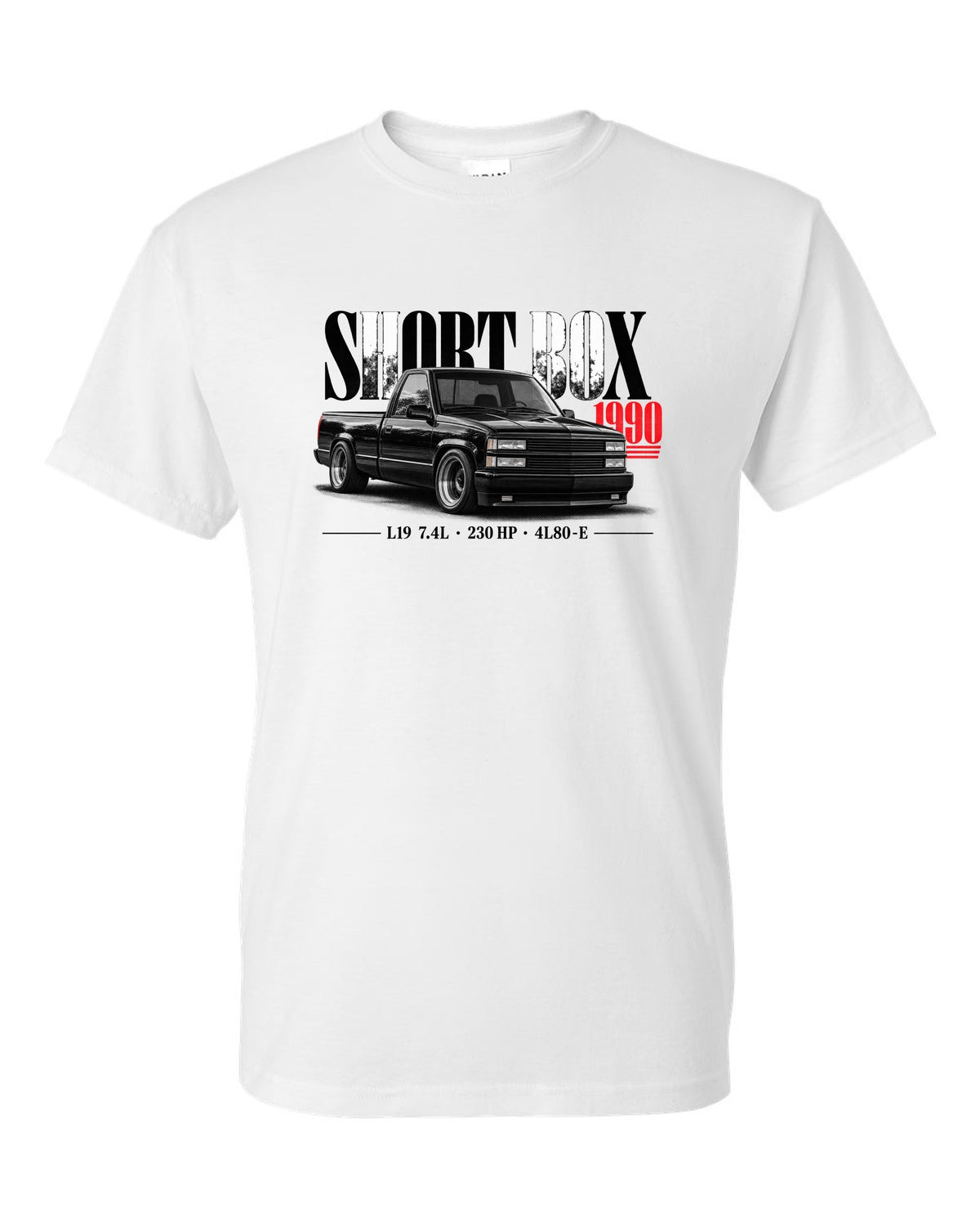 1990 Chevy 454 SS short box pickup editorial print white t-shirt front view with the design