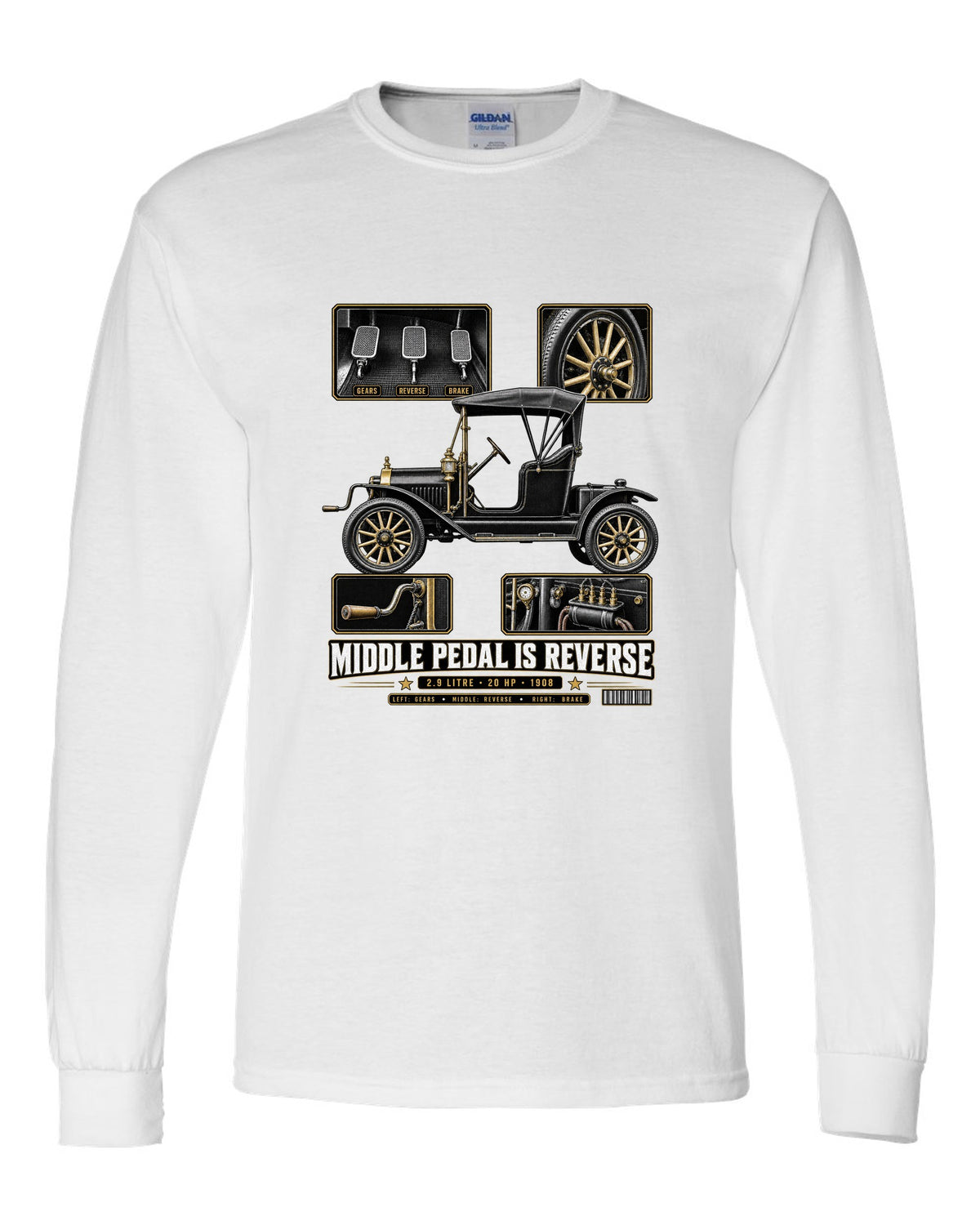 Dossier panel print of a Ford Model T runabout showing its three pedals white long sleeve front view with the design