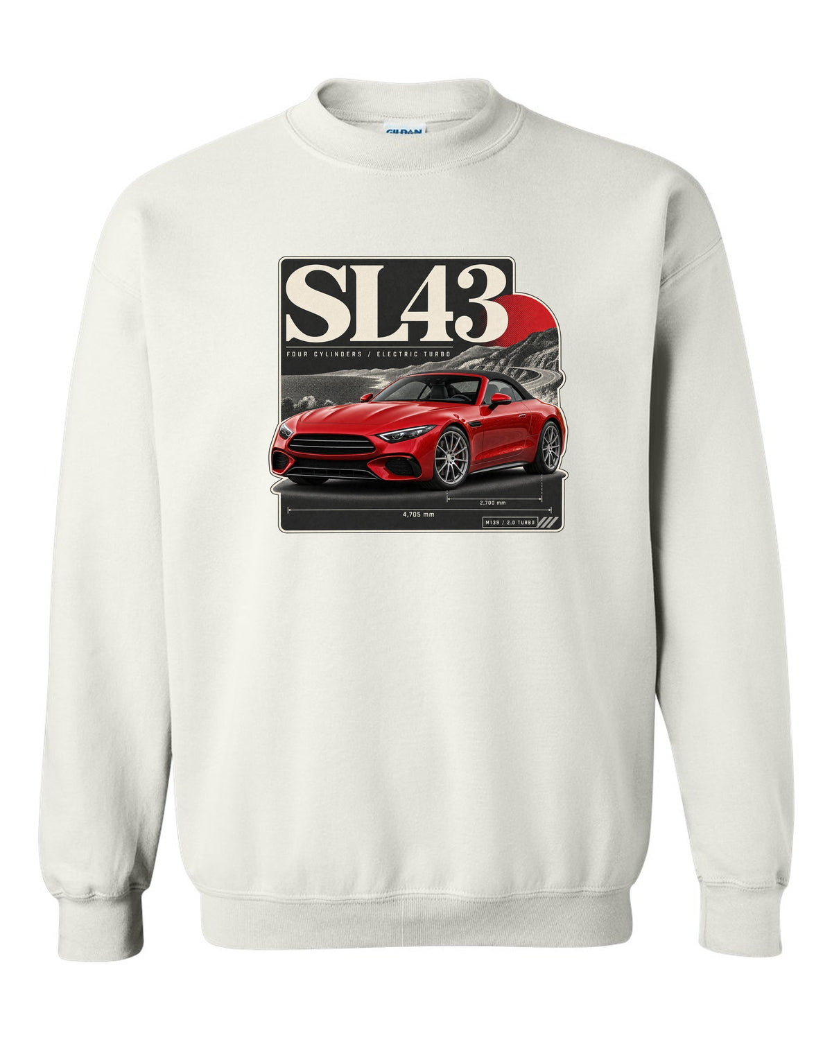 SL43 R232 Electric Turbo Editorial white crewneck front view with the design