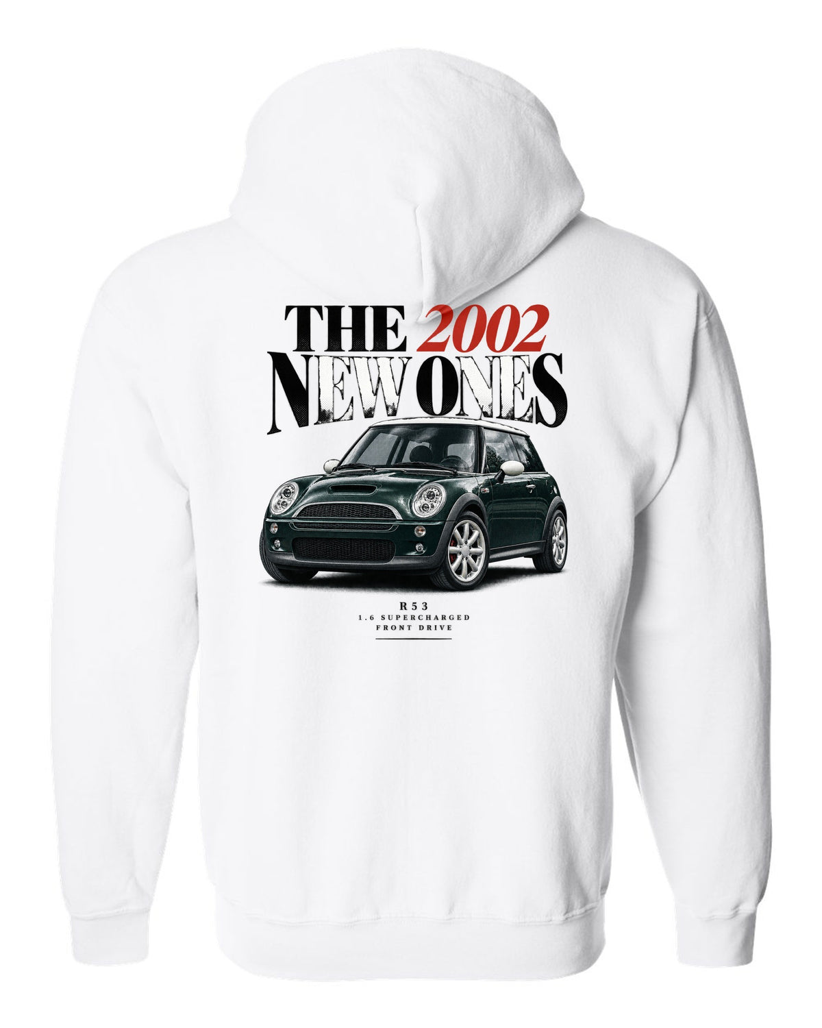 Mini Cooper S R53 dark green with white roof editorial headline print white zip hoodie back view with the design
