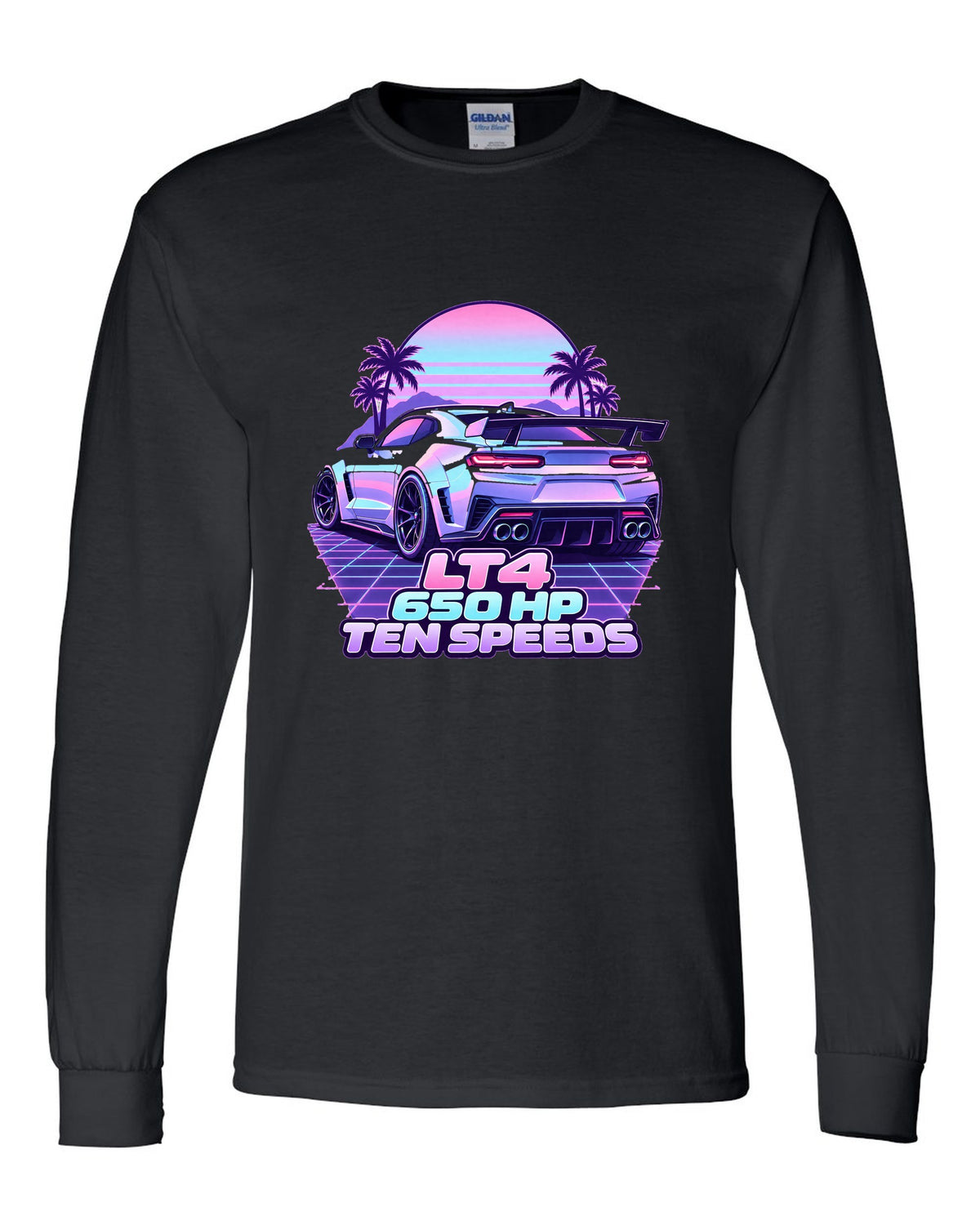 2019 Chevrolet Camaro ZL1 LT4 vaporwave pastel print with 650 HP text black long sleeve front view with the design