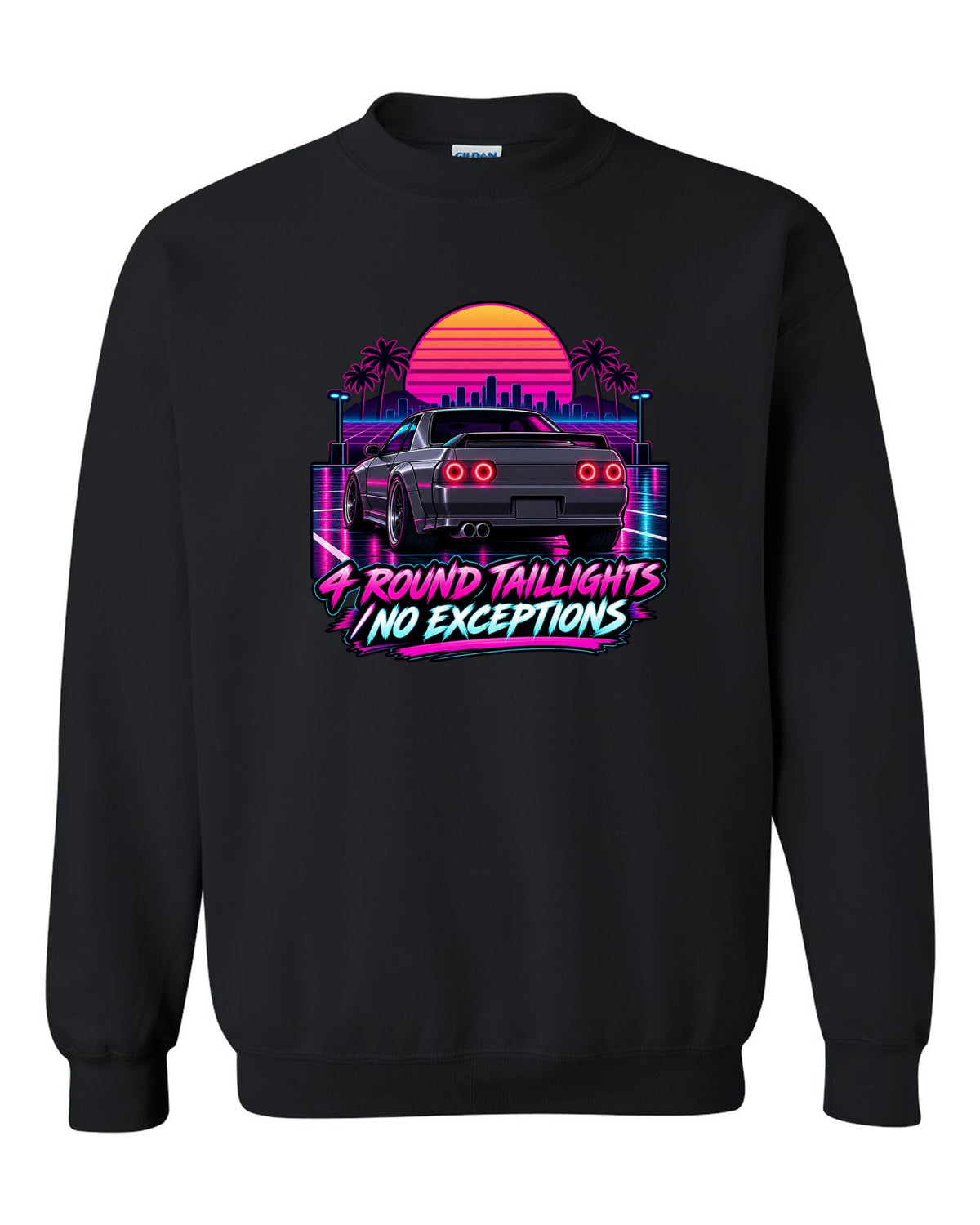 Neon synthwave print of a Nissan Skyline GT-R R32 BNR32 rear with four round taillights black crewneck front view with the design