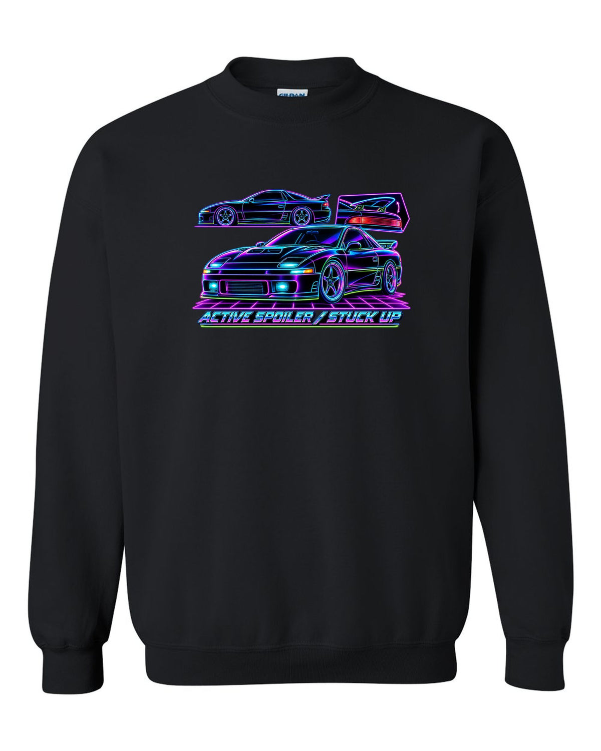 Neon wireframe outline print of the Mitsubishi 3000GT VR-4 with active spoiler stuck up text black crewneck front view with the design