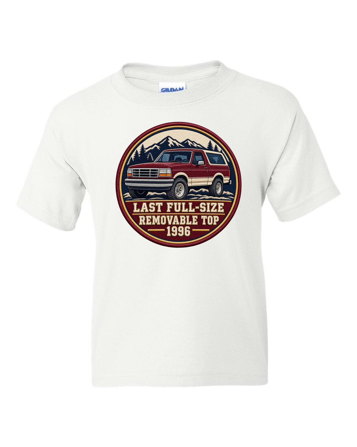 Round varsity crest print for a 1992-96 Ford Bronco OBS with removable top text white kids tee front view with the design