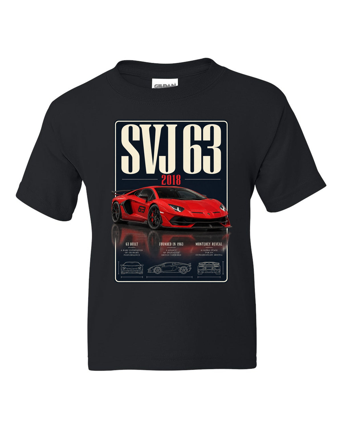 Archive panel print of the Lamborghini Aventador SVJ 63 limited edition black kids tee front view with the design