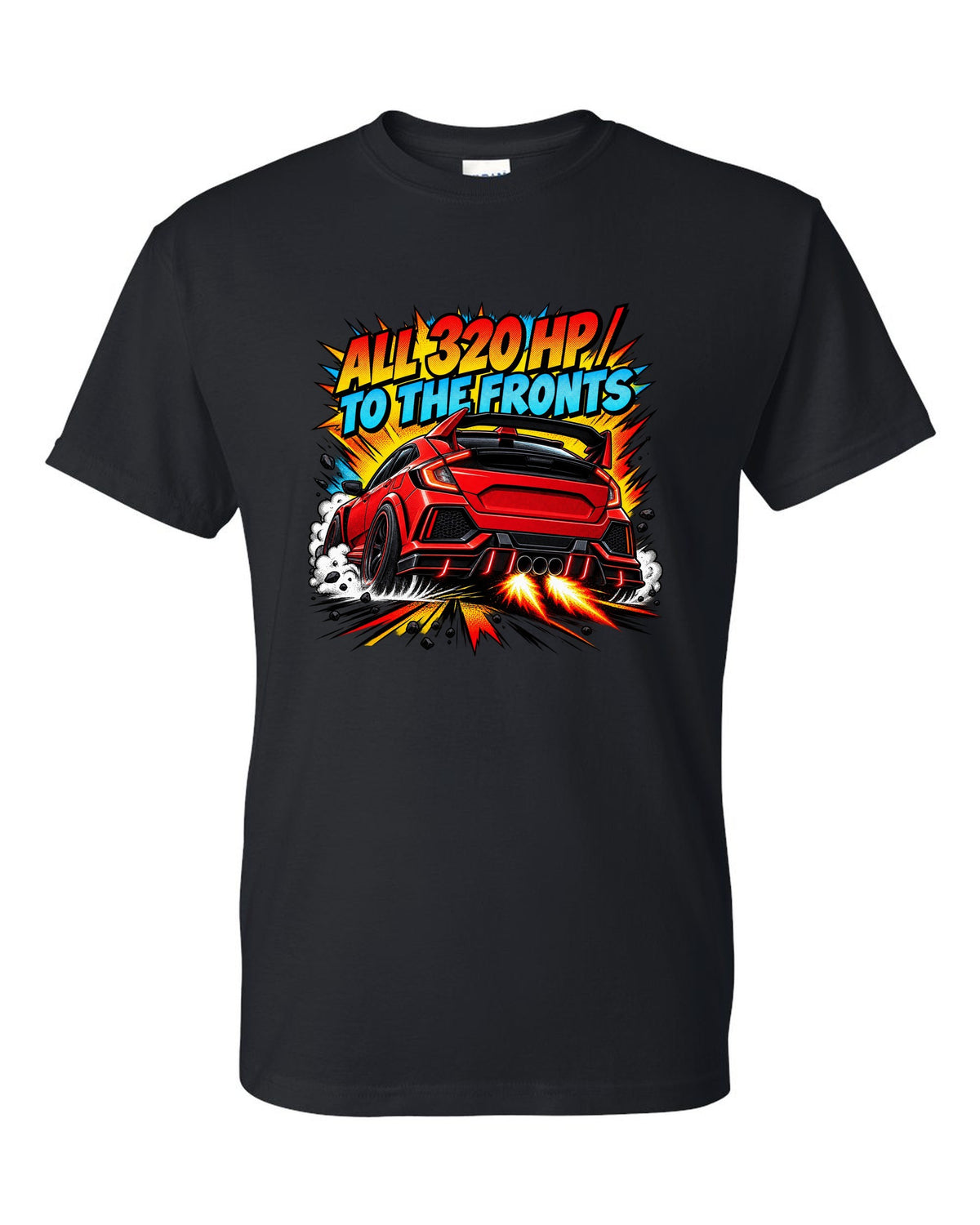 Halftone comic print of a Honda Civic Type R FK8 with triple exhaust and 320 HP text black t-shirt front view with the design