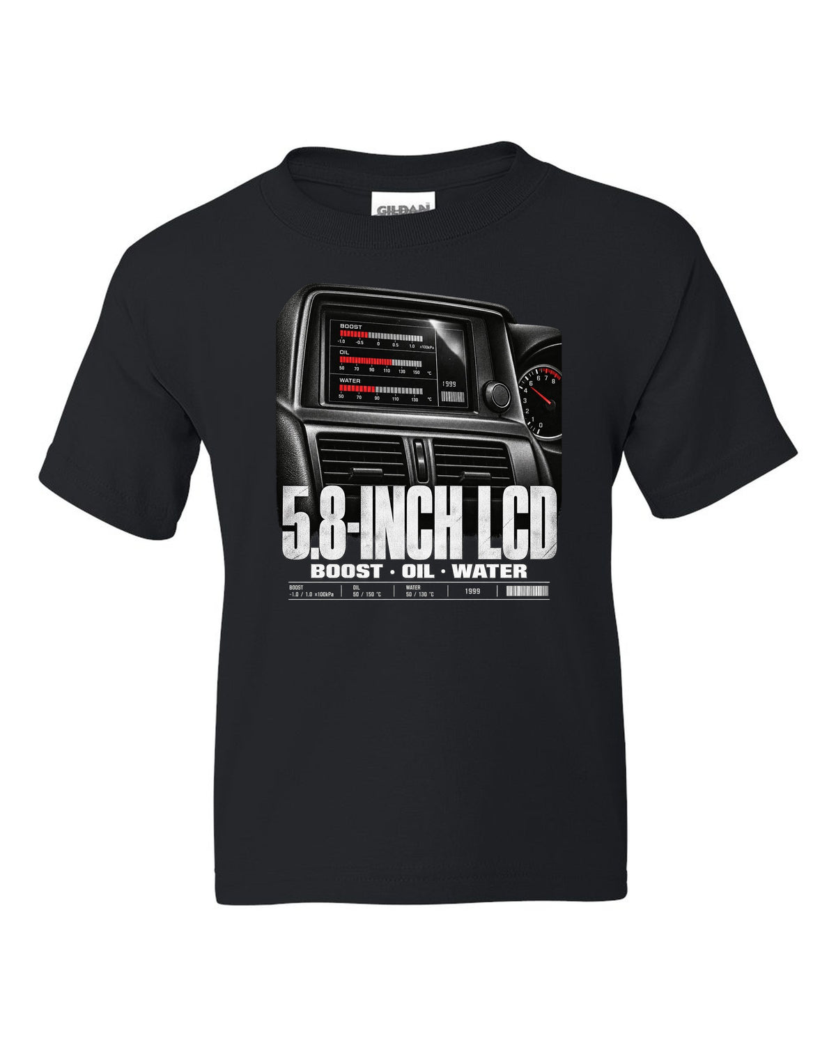 Multifunction display screen of a Nissan Skyline GT-R R34 showing boost, oil and water readings black kids tee front view with the design