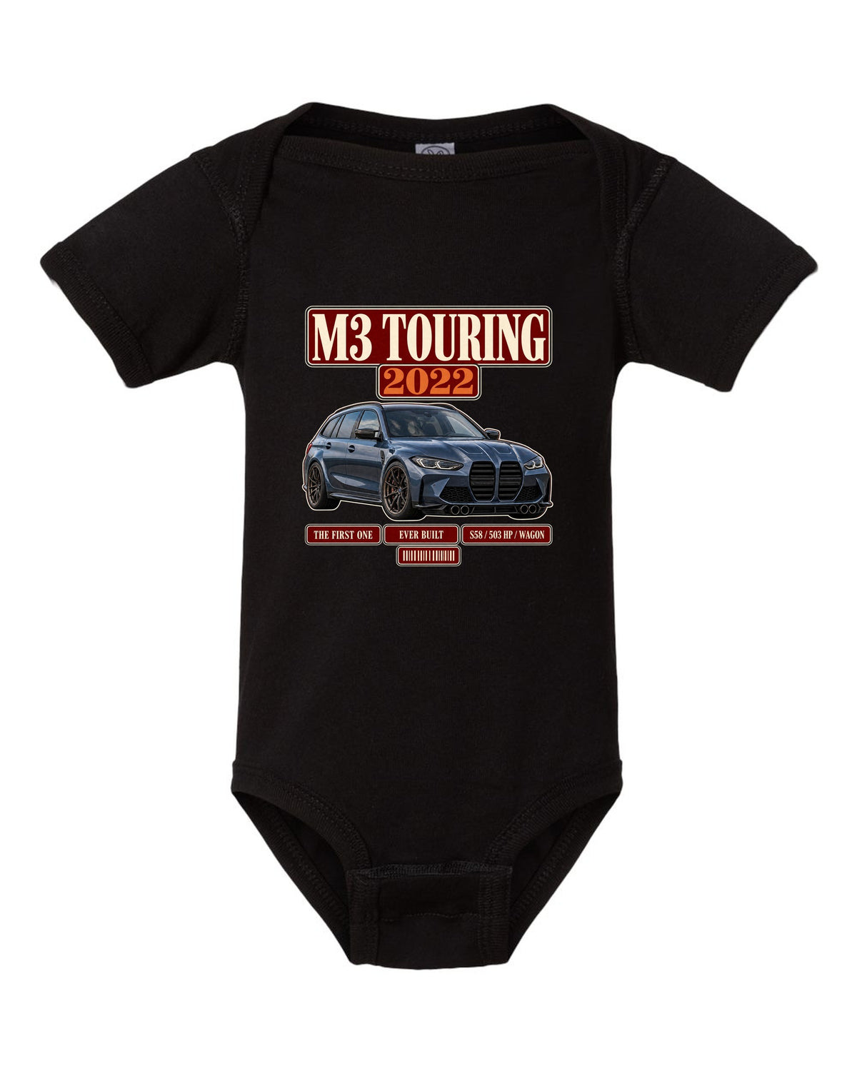 BMW M3 Touring G81 archive panel print with first ever built text black baby onesie front view with the design