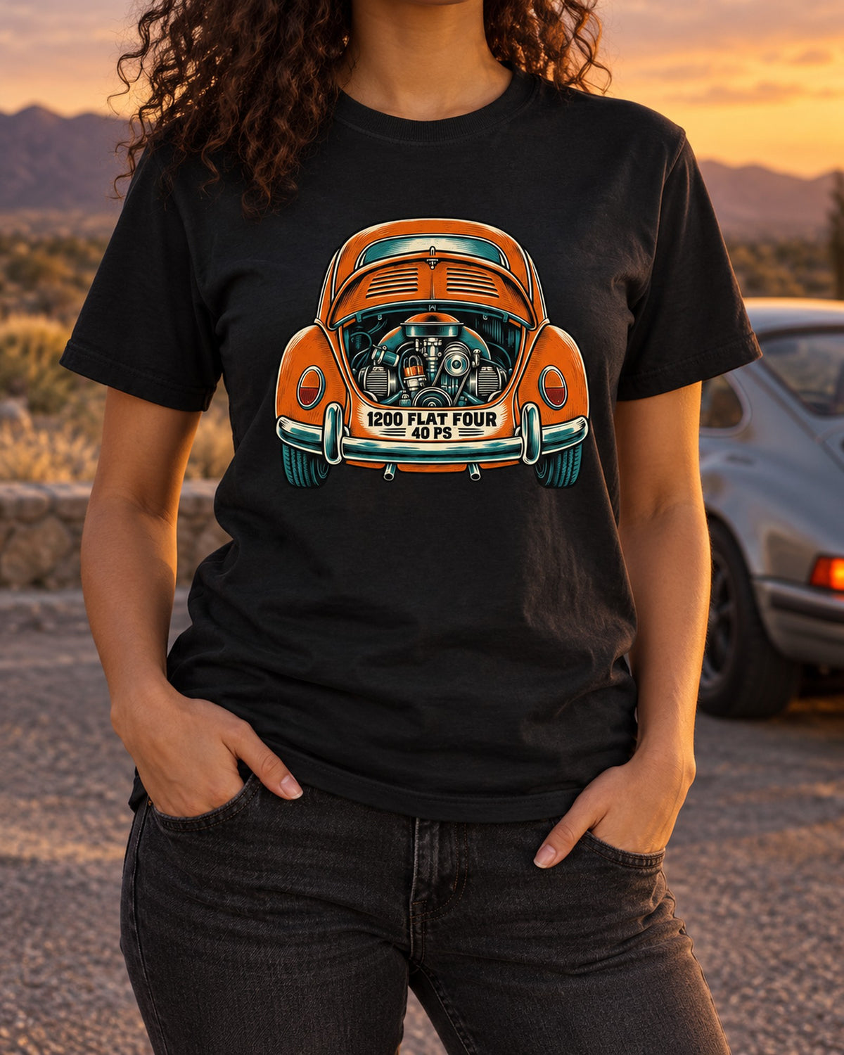 Beetle Type 1 Linocut Flat Four Shirt, 1200 Engine 40 PS T-Shirt Black worn hero