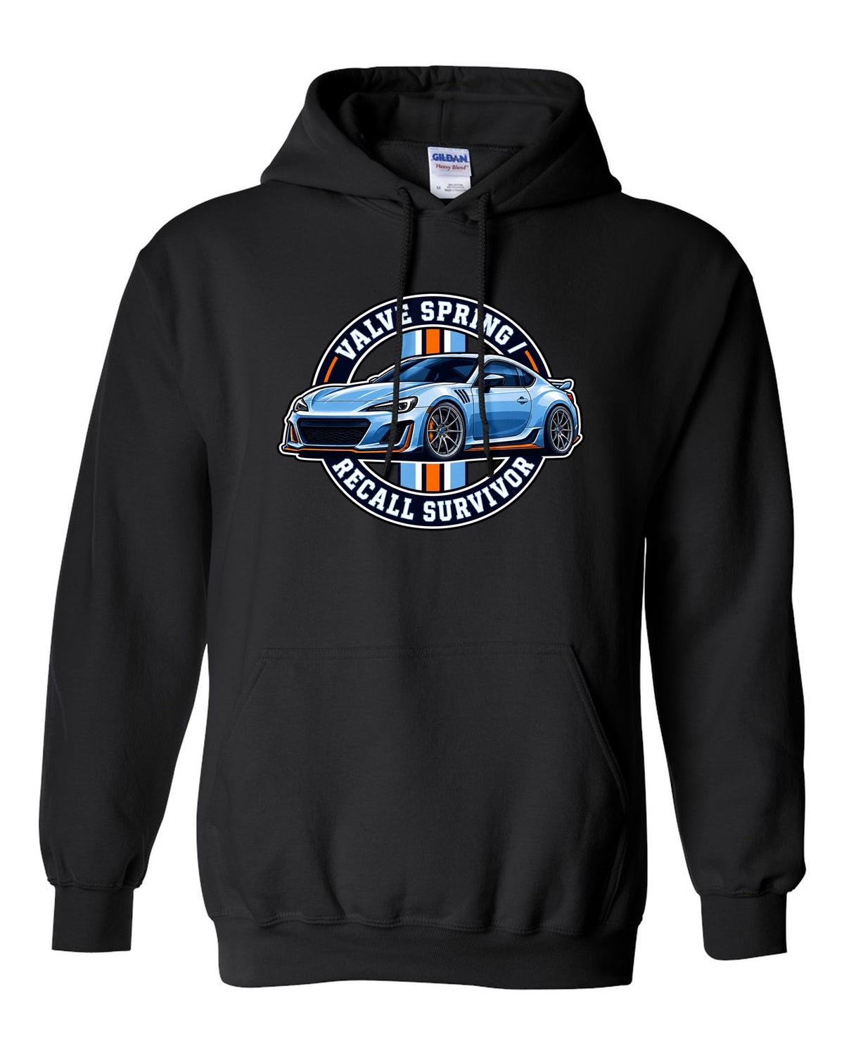 Round varsity crest design for a Subaru BRZ ZC6 reading valve spring recall survivor black pull over hoodie front view with the design
