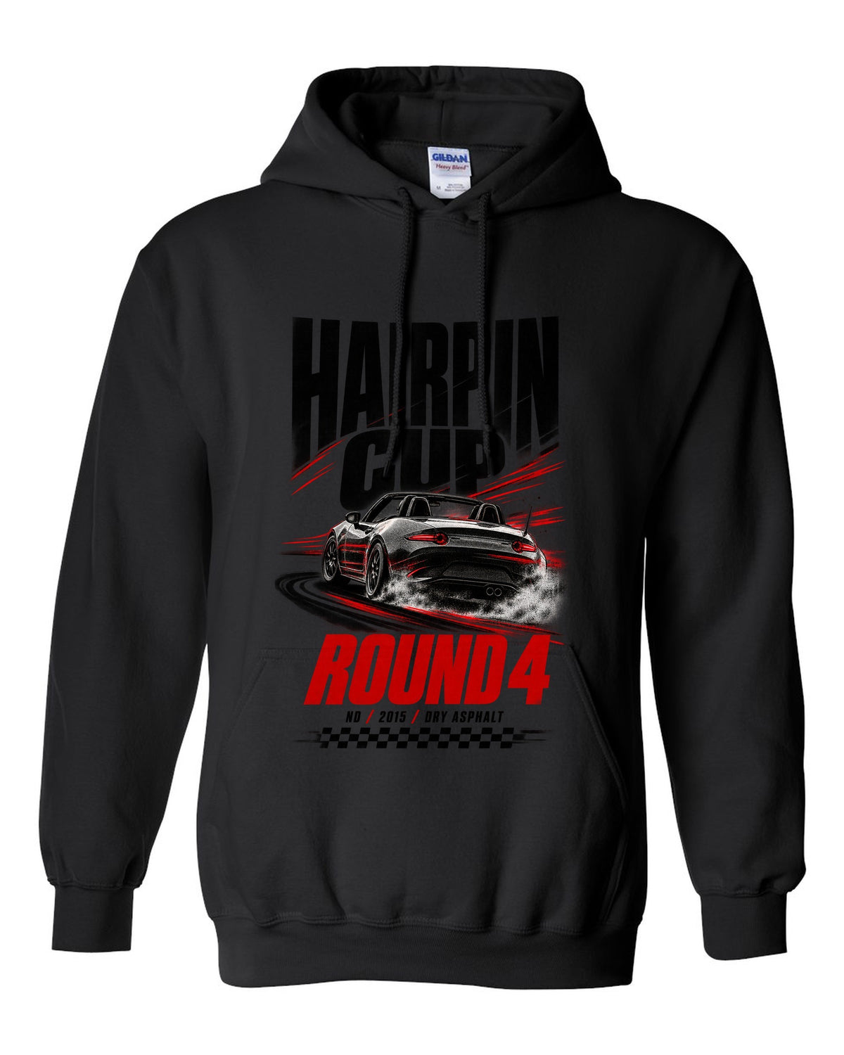Race poster print of a Mazda MX-5 ND for the Hairpin Cup round 4 black pull over hoodie front view with the design