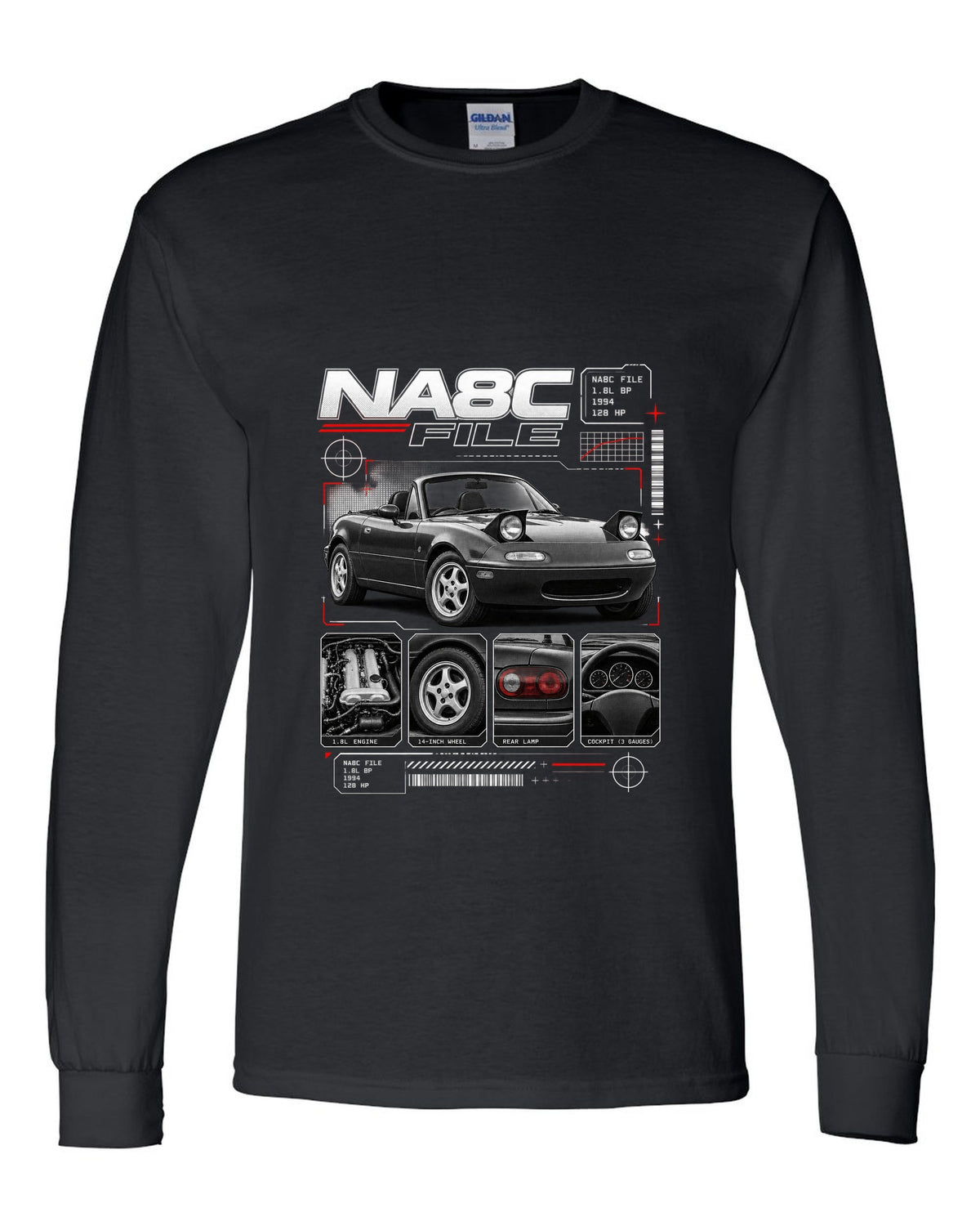 Dossier panel print of a Mazda MX-5 NA Eunos Roadster with NA8C spec lettering black long sleeve front view with the design