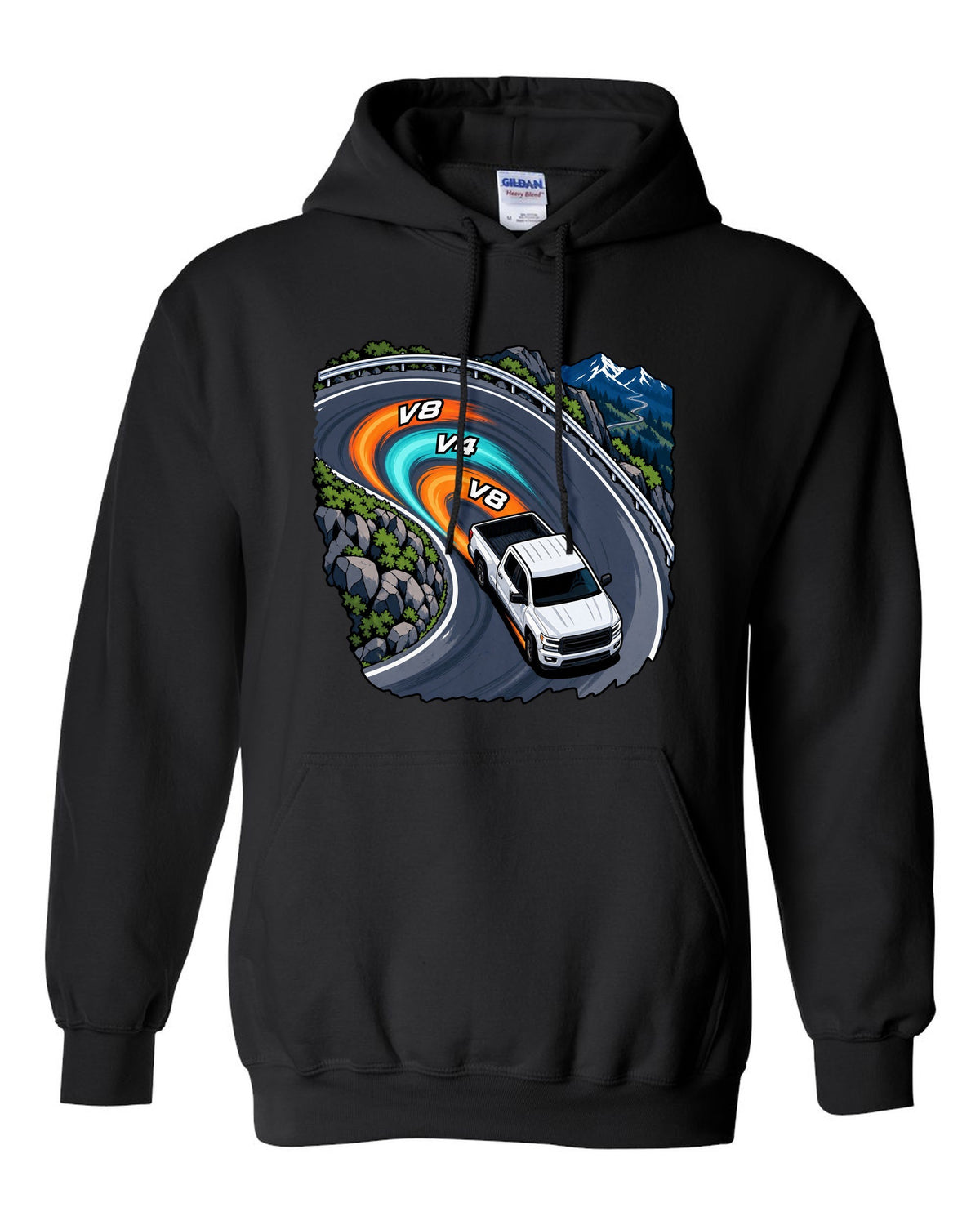 Cel-shaded anime night touge print of a 2007-2013 Chevrolet Silverado GMT900 with V8 V4 V8 text black pull over hoodie front view with the design