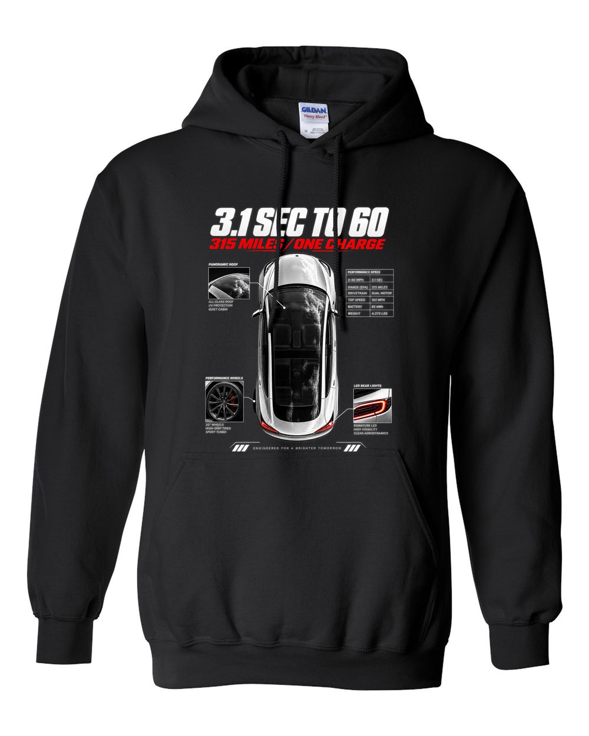 Top-down spec poster print of a Tesla Model 3 Performance with 0-60 and range figures black pull over hoodie front view with the design