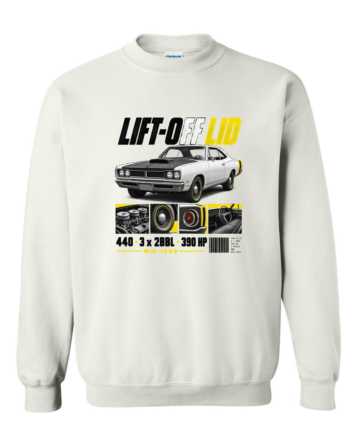 1969 Dodge Coronet Super Bee A12 dossier panel print with lift-off lid and 440 lettering white crewneck front view with the design