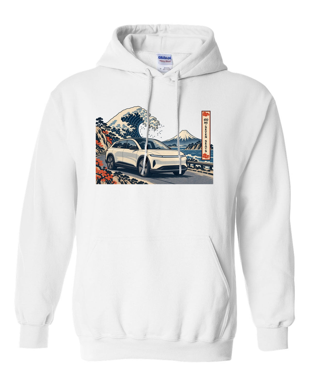 Lucid Gravity ukiyo-e woodblock ridge line print with the text 450 mi seven seats white pull over hoodie front view with the design