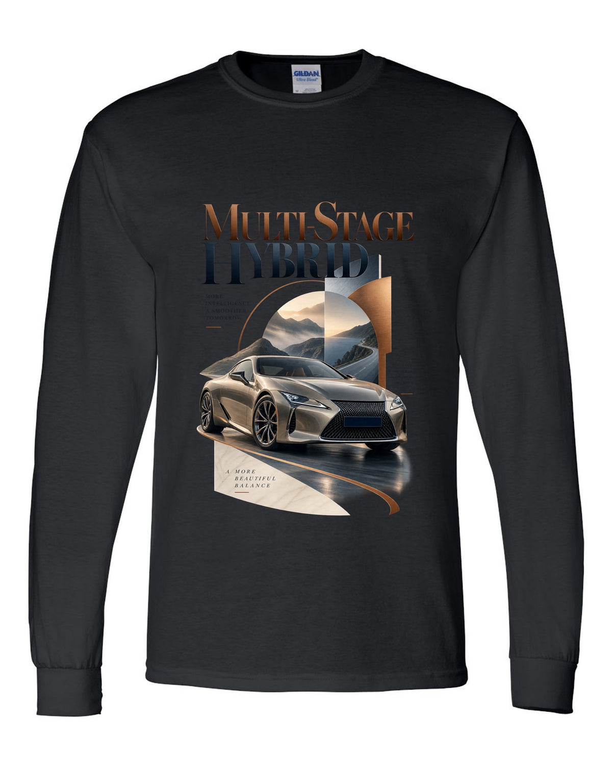 Editorial headline layout for the Lexus LC 500h hybrid black long sleeve front view with the design