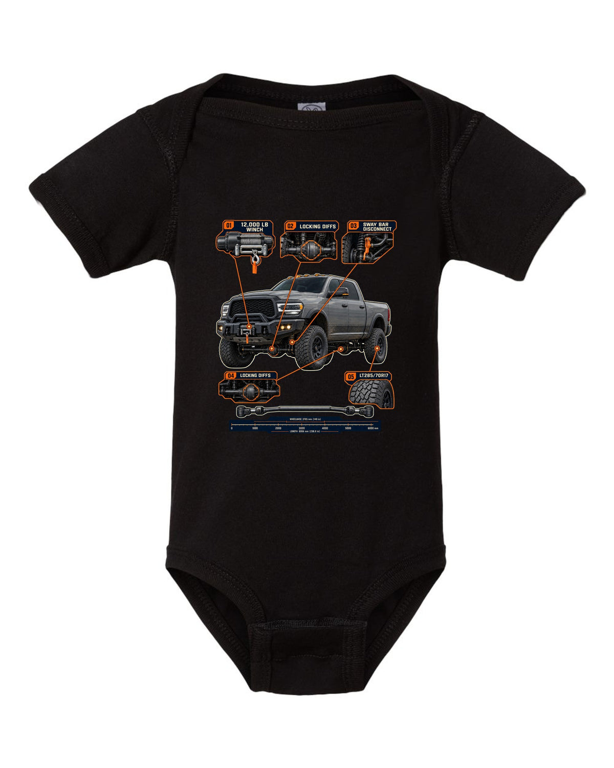 Ram 2500 Power Wagon callouts for winch, locking diffs and sway bar disconnect print black baby onesie front view with the design