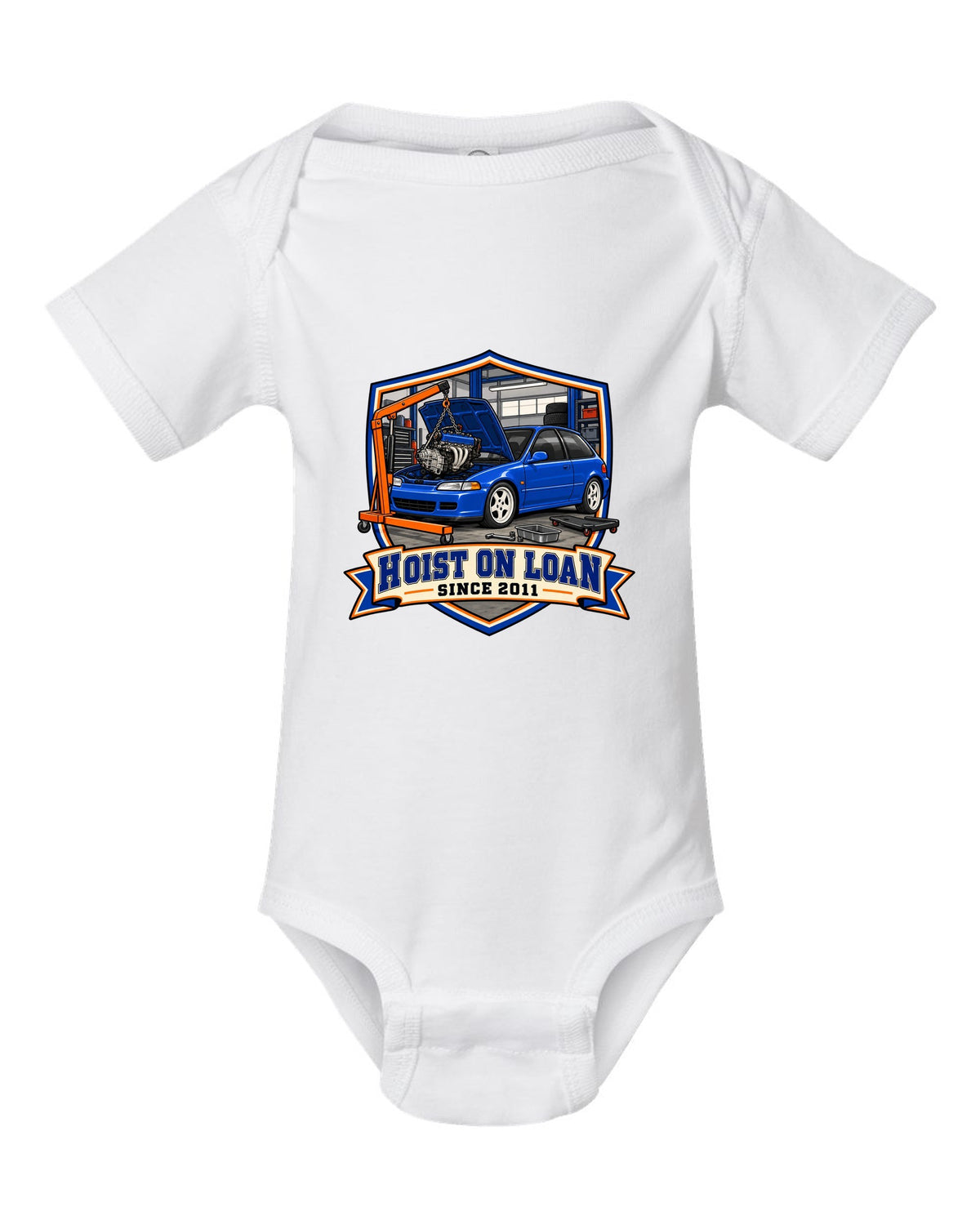 Embroidery patch style print of a 1992 Honda Civic EG6 ch with hoist on loan since 2011 text white baby onesie front view with the design