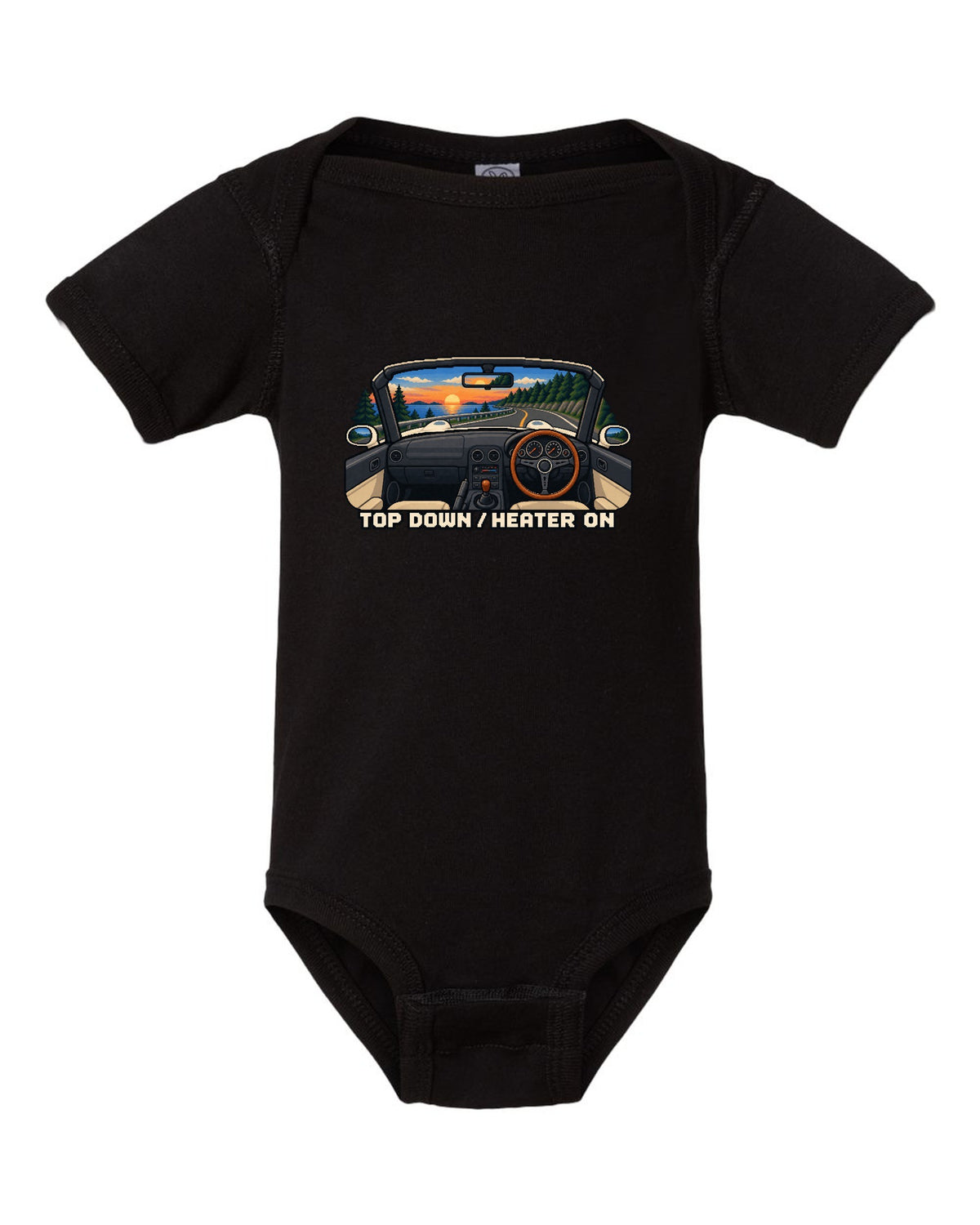 Cel-shaded 90s anime night scene of a Mazda RX-7 FD3S under sodium lights black baby onesie front view with the design