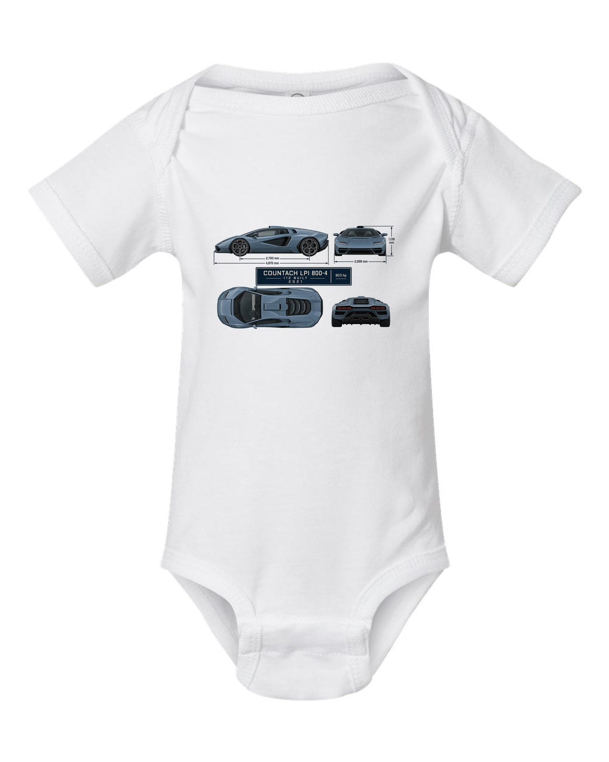 Lamborghini Countach LPI 800-4 dimension blueprint print with 112 built 2021 lettering white baby onesie front view with the design