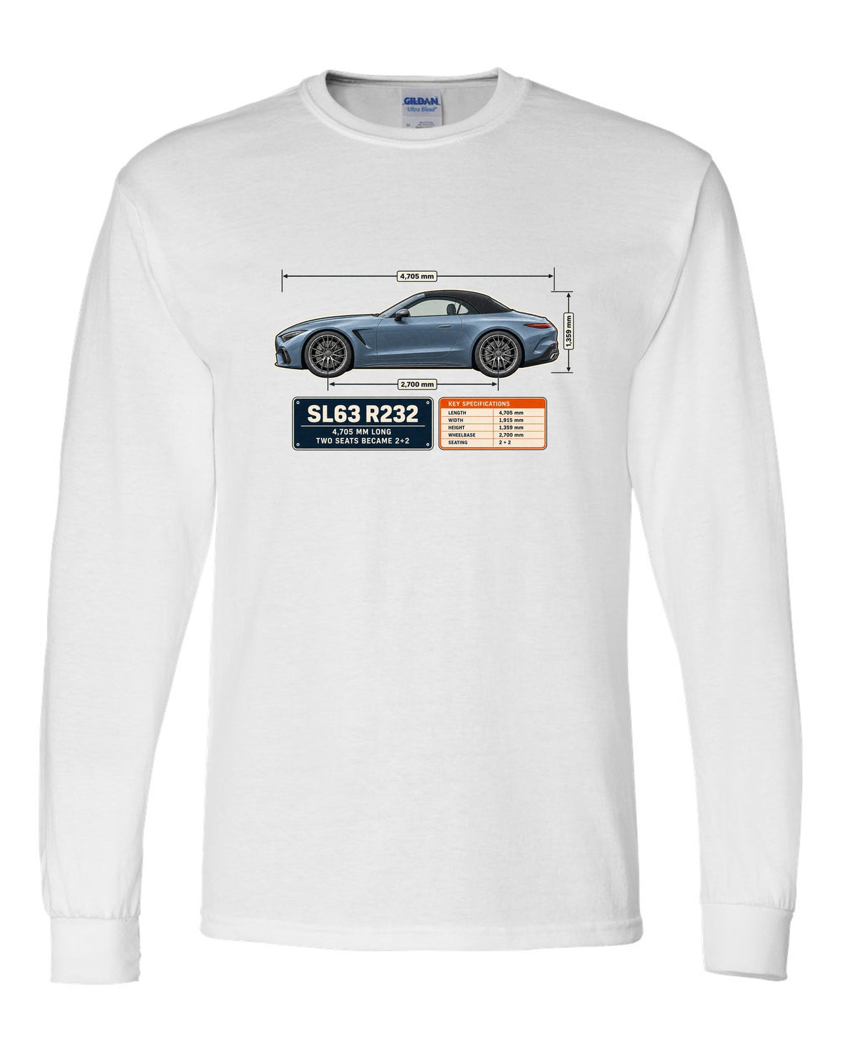 Mercedes-AMG SL63 R232 Dimension Blueprint white long sleeve front view with the design