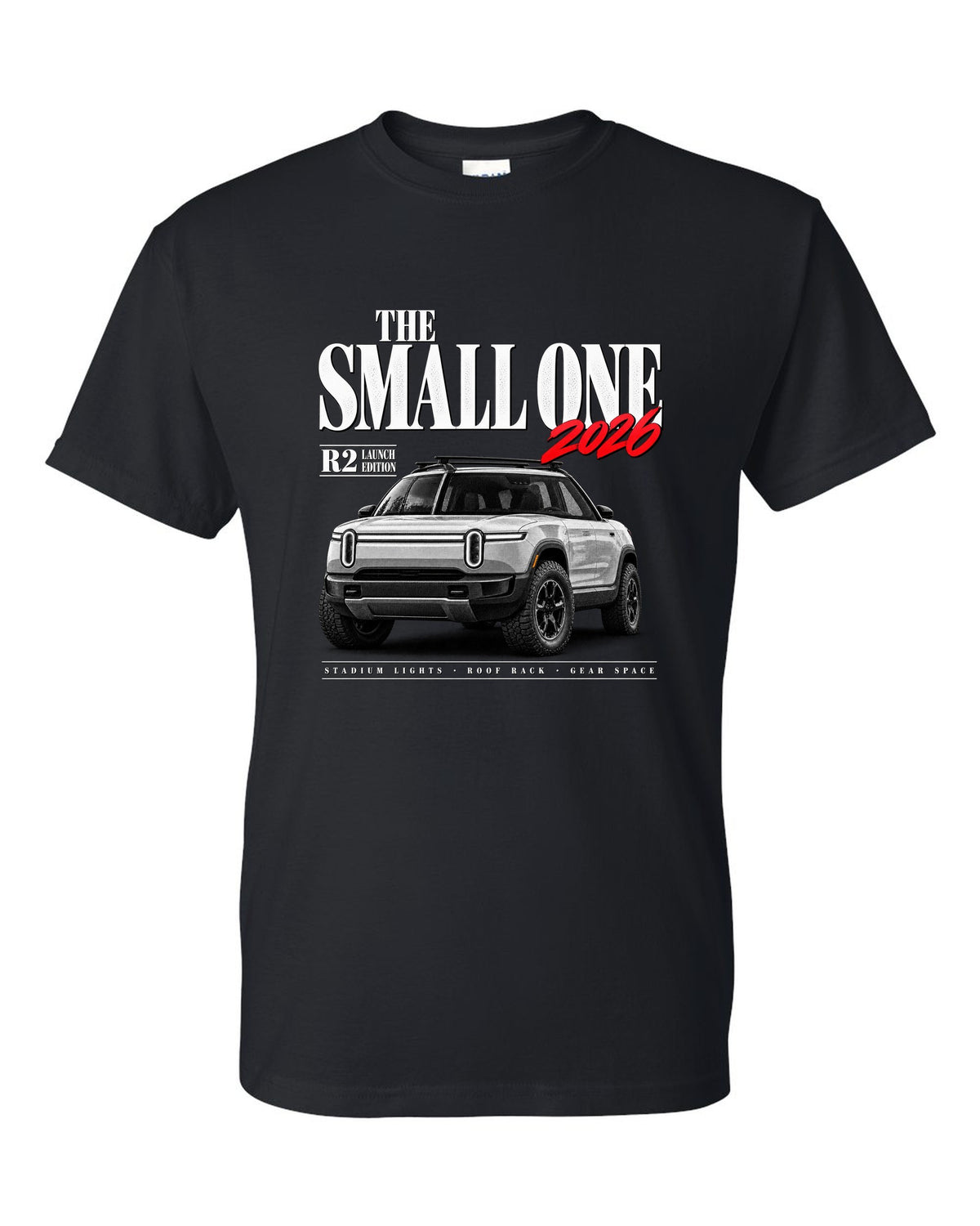 Rivian R2 2026 launch edition editorial headline reading The Small One black t-shirt front view with the design