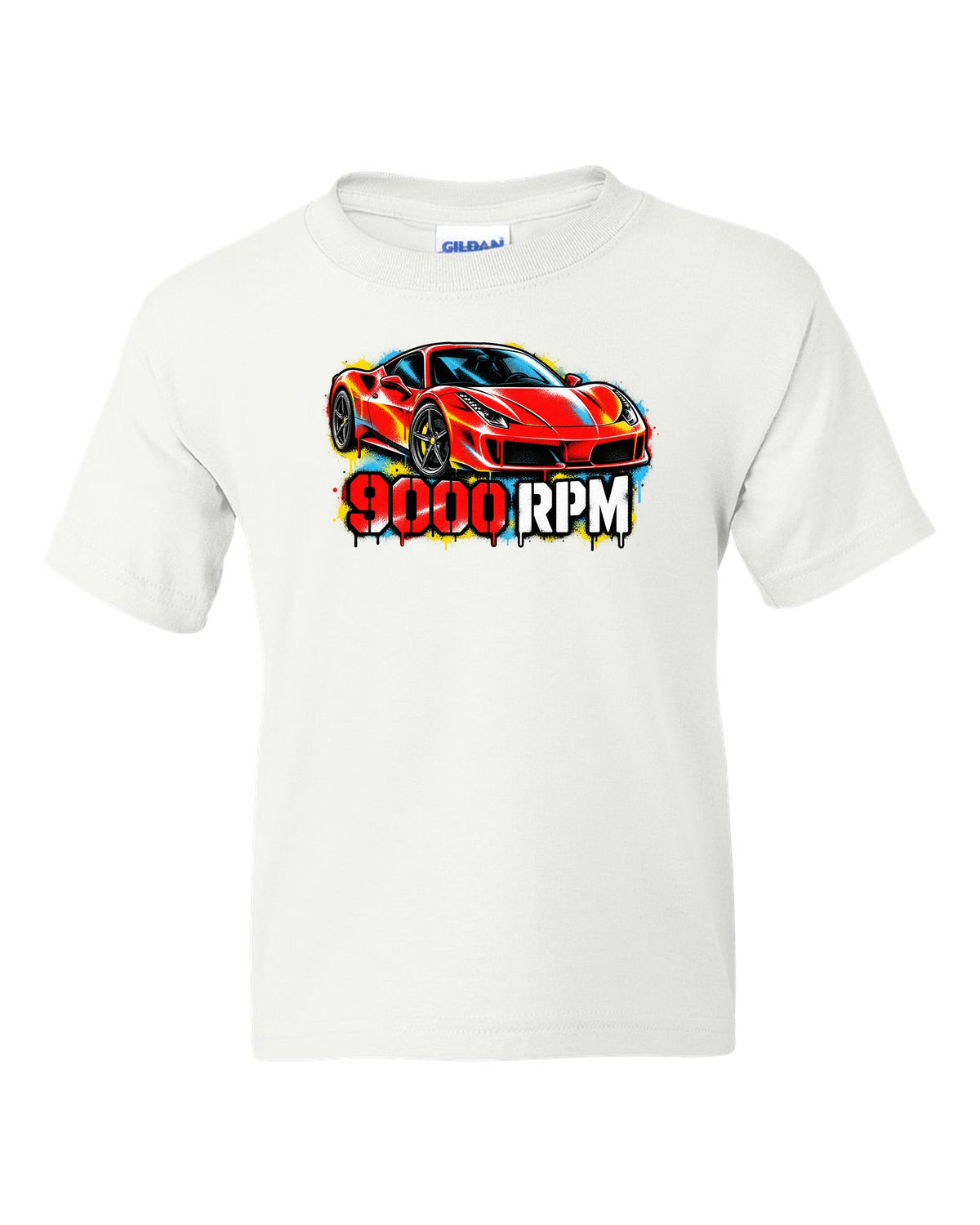 Stencil spray street art of the Ferrari 458 Italia with 9000 RPM text white kids tee front view with the design