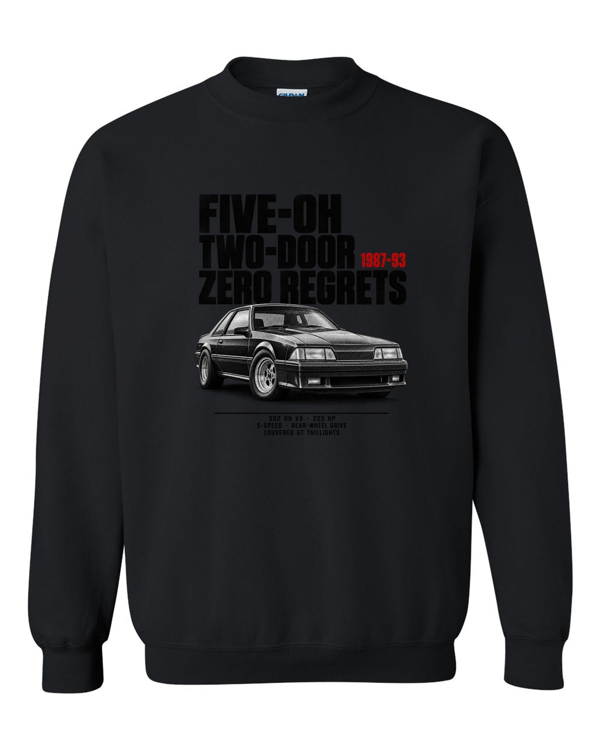 Halftone illustration of a Ford Mustang Fox body notchback with five-oh two-door lettering black crewneck front view with the design