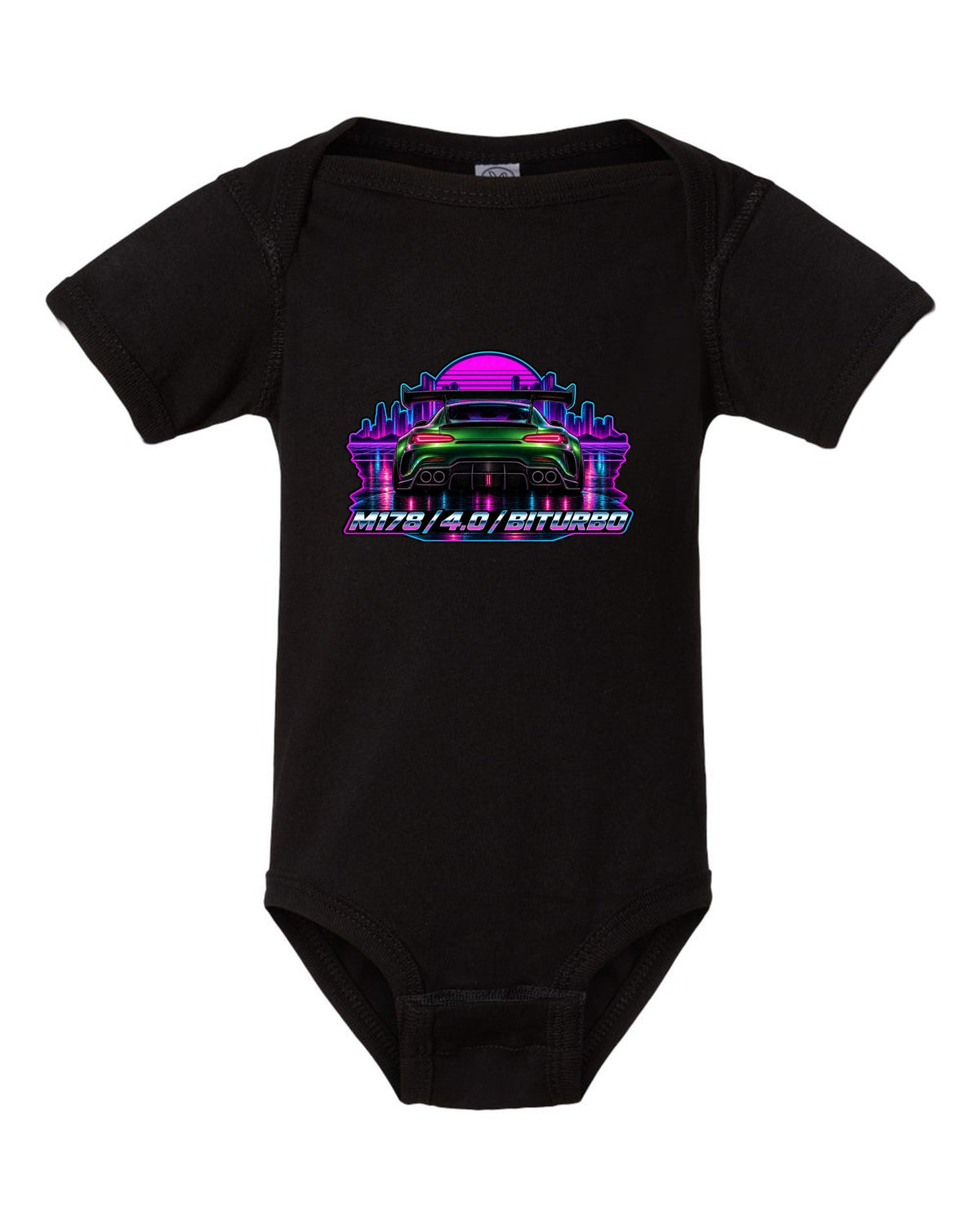 Cyanotype blueprint style engine bay illustration of a Mercedes AMG GT C190 with M178 557 PS text black baby onesie front view with the design