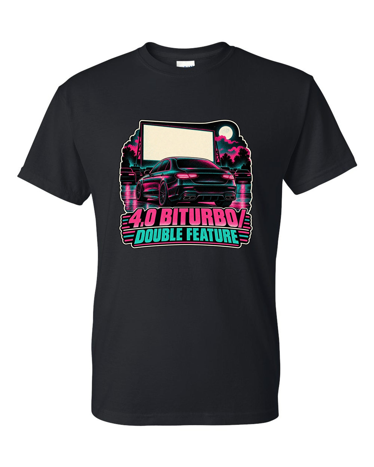 Risograph halftone drive-in poster graphic for a Mercedes E63 W213 4.0 biturbo, print black t-shirt front view with the design