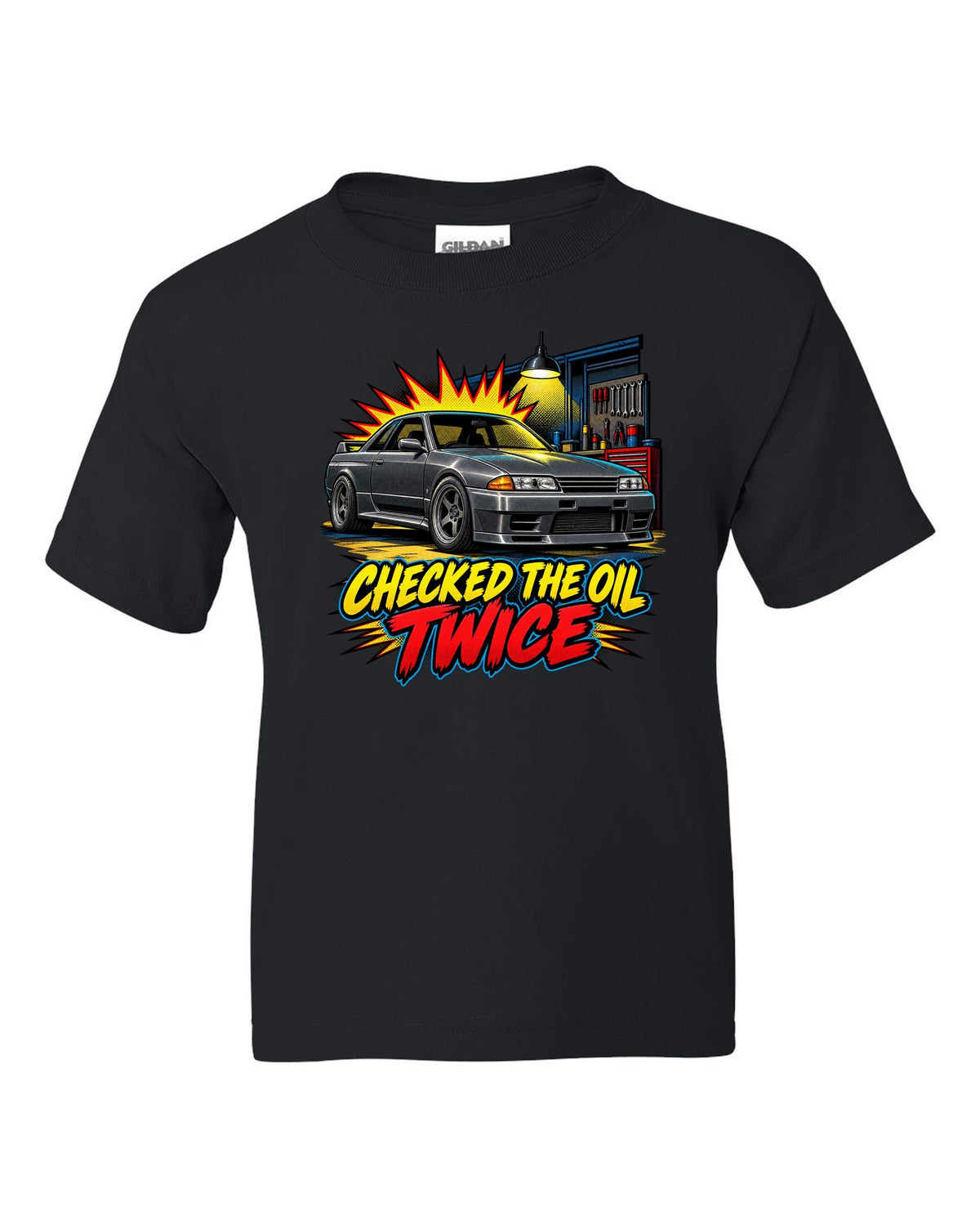 Comic halftone pop-art print of a Nissan Skyline GT-R R32 BNR32 in a garage black kids tee front view with the design