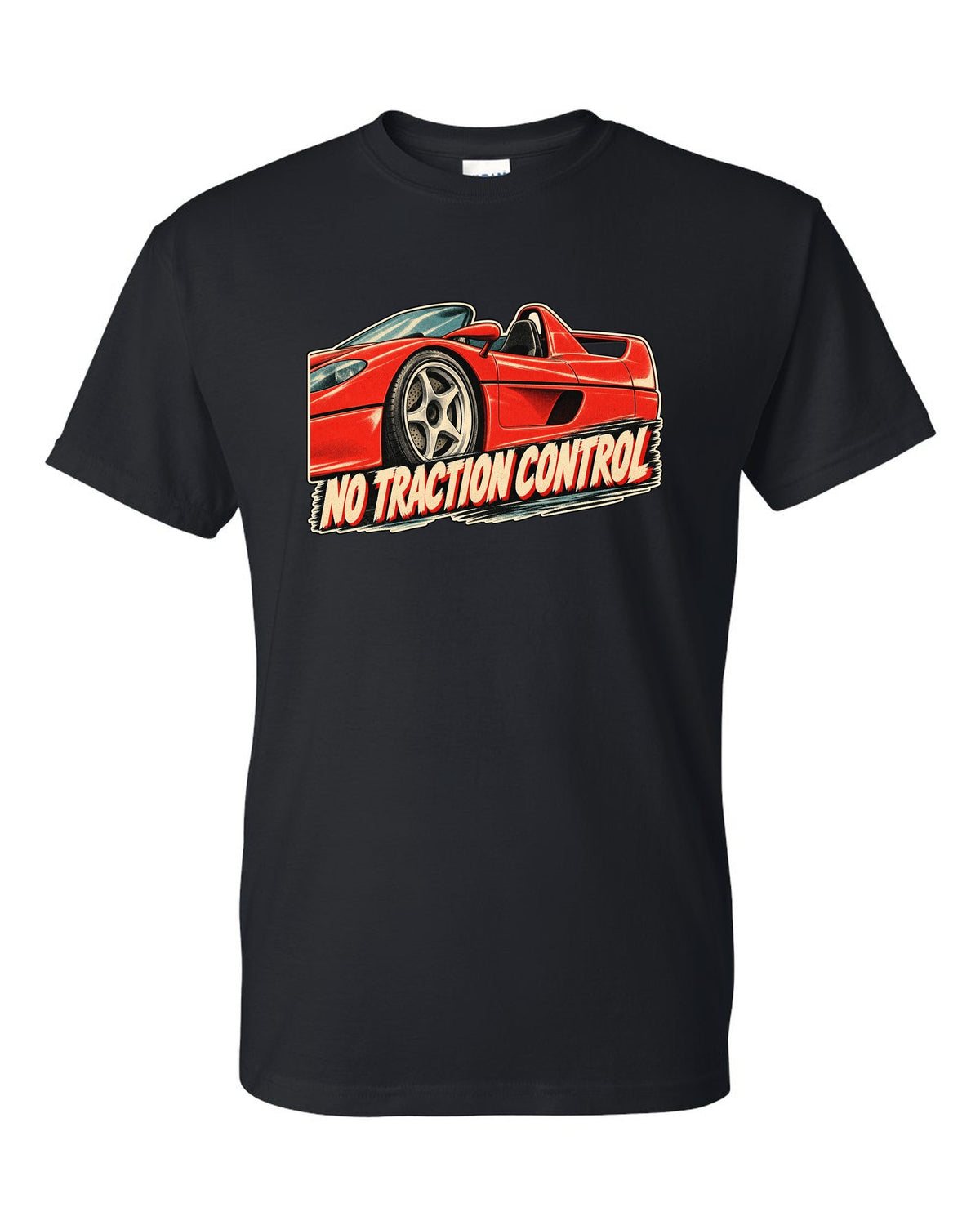 Retro Japanese showa advert style print of a 1995 Ferrari F50 F130 with no traction control text black t-shirt front view with the design
