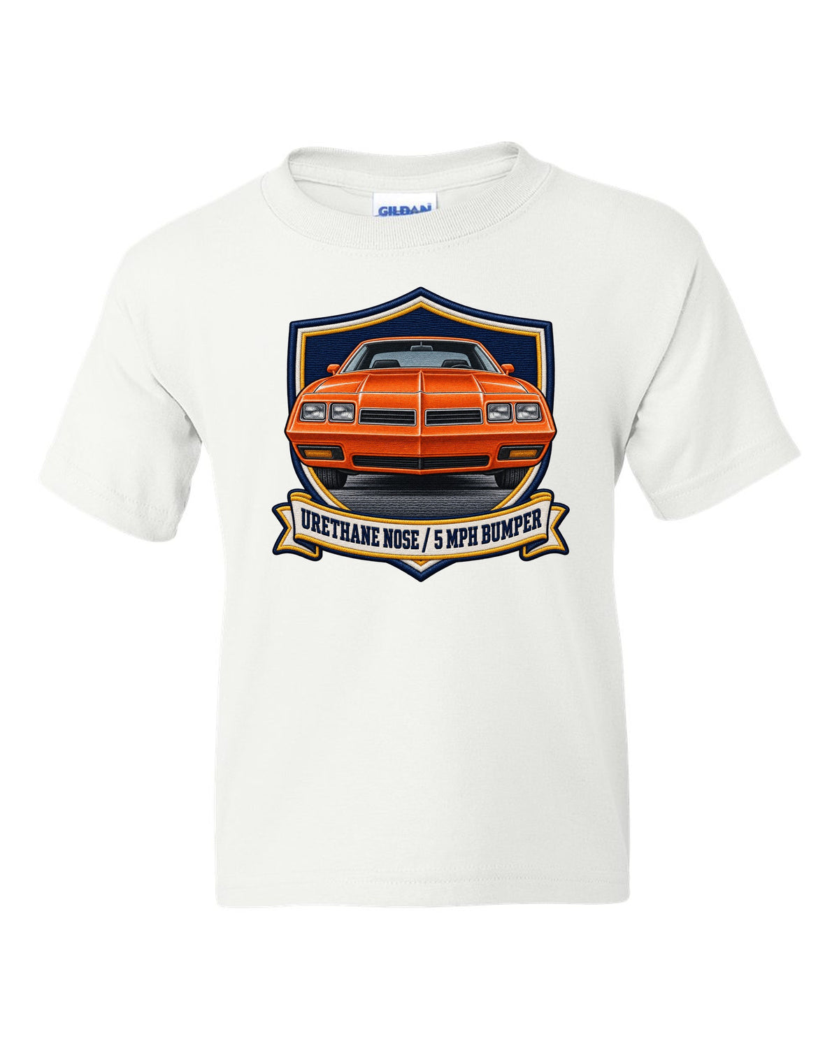 Varsity crest print for a 1973 Chevelle Laguna S-3 with the text Urethane Nose, 5 MPH Bumper white kids tee front view with the design