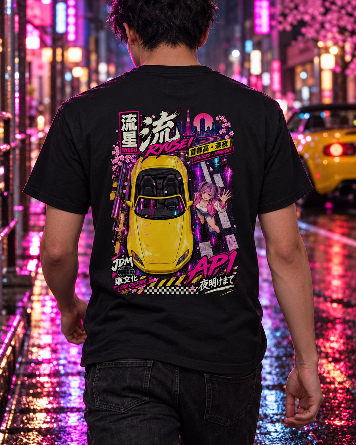 RYUSEI AP1 Anime Girl Full-Back Graphic Tee T-Shirt Black worn hero