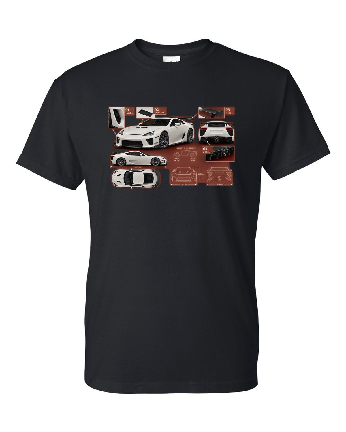 Aero callout diagram of the 2020 Lexus RC F Track Edition black t-shirt front view with the design
