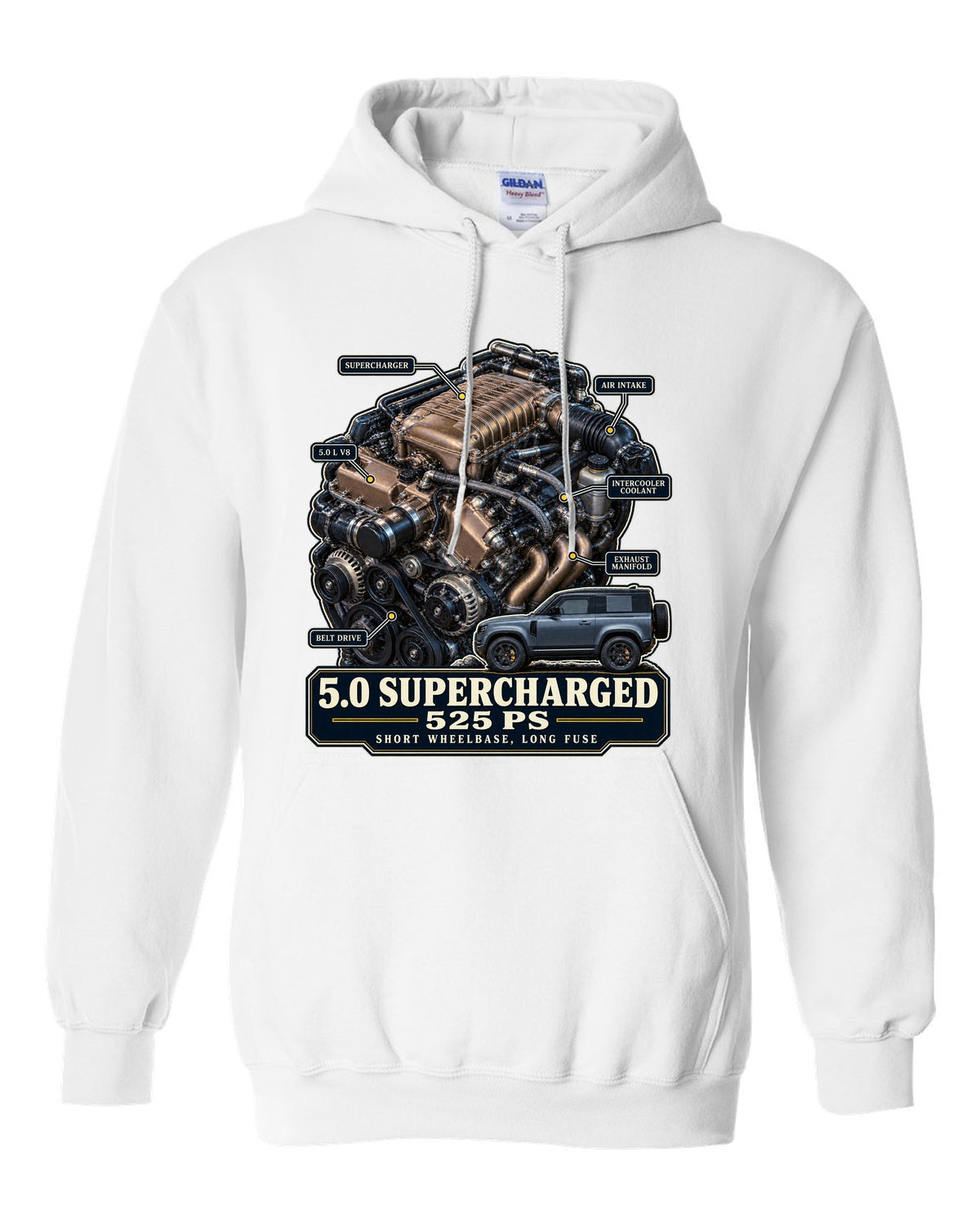 Engine hero print of the Land Rover Defender 90 V8 5.0 supercharged L663 white pull over hoodie front view with the design