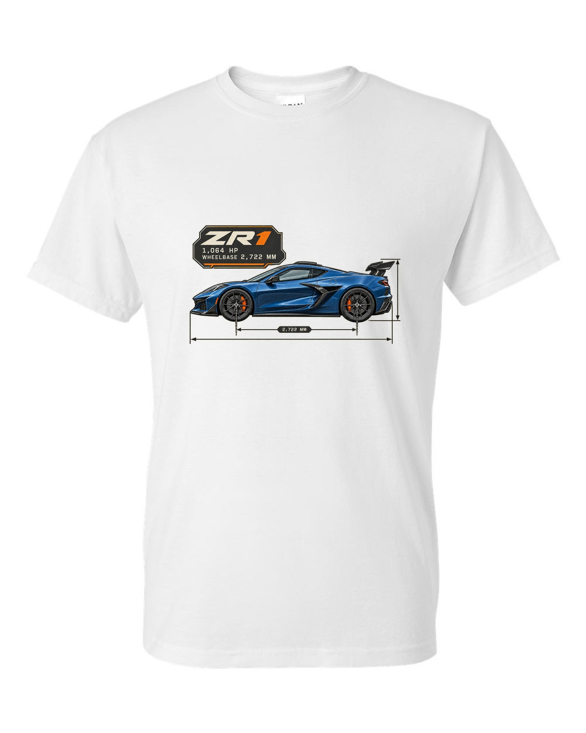 print of a Chevrolet Corvette C8 ZR1 2025 dimension blueprint with 1,064 HP and wheelbase text white t-shirt front view with the design