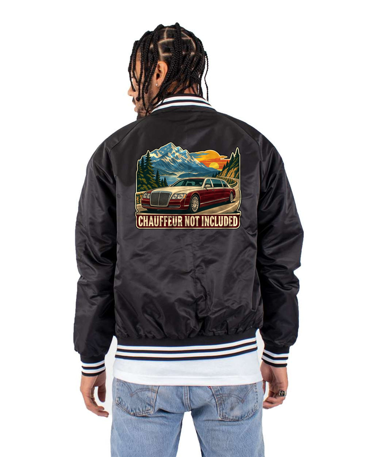 Maybach 57 W240 1960s Travel Poster Shirt, Chauffeur Joke Bomber Jacket Black back